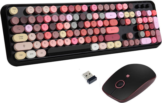 Wireless Keyboard and Mouse Combo,Creamy Retro Round Keys for PC Laptop