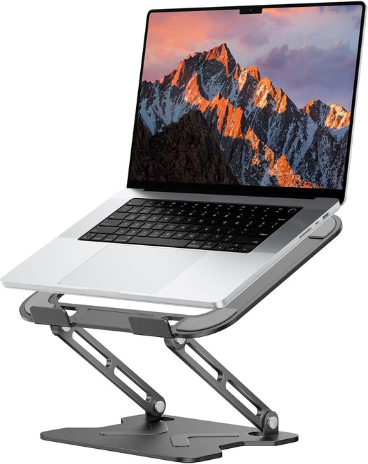 JCZT Adjustable Laptop Stand for Desk, Metal Foldable Laptop Riser, Black | Ergonomic Portable Laptop Stand, Ventilated Cooling Computer Notebook Holder for MacBook Air Pro, All 10-16'' Laptops