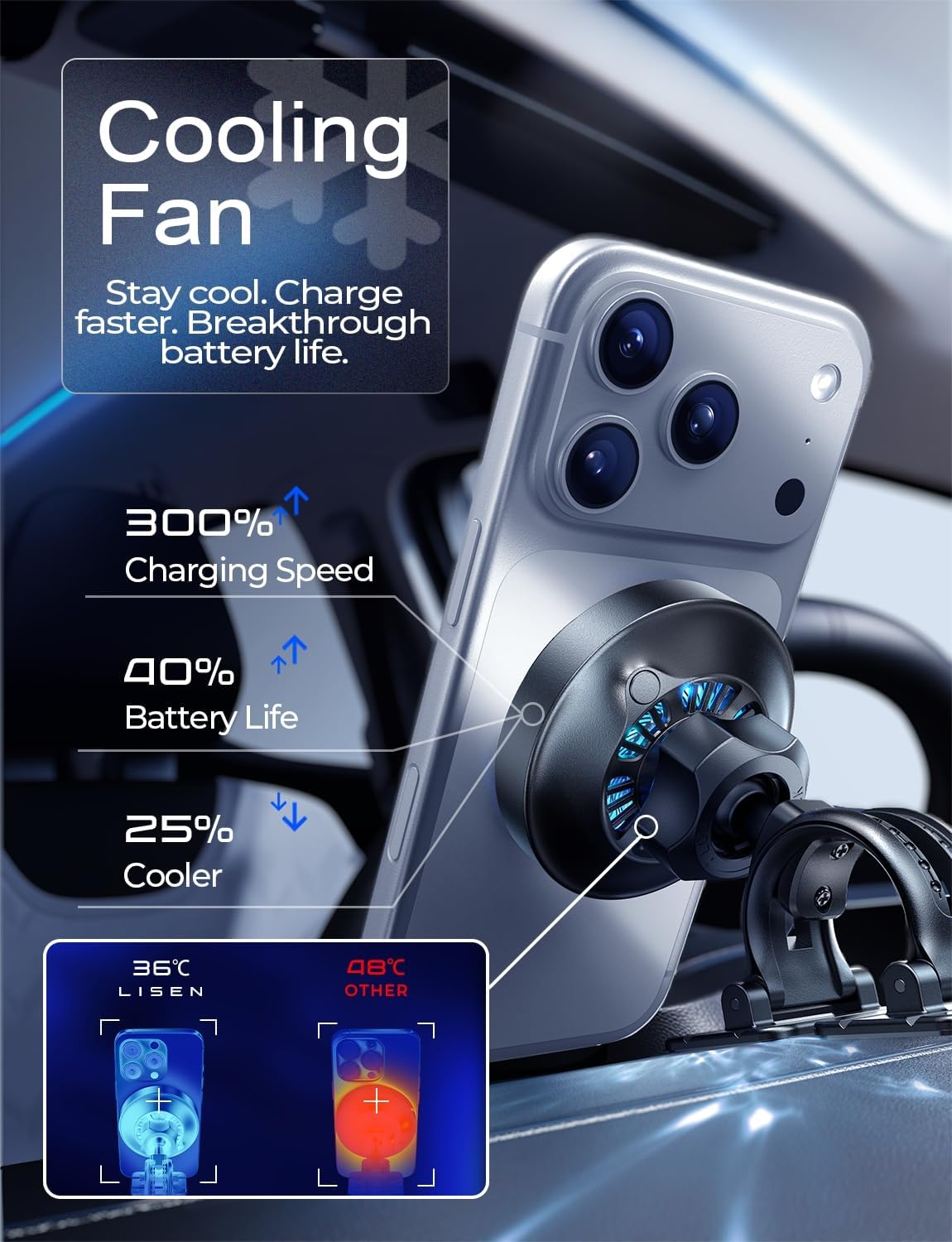 LISEN for Qi2.2 25W MagSafe Car Mount Charge,Cooling Fan,95W Fast Adapter | 3 IN 1 Fast Charging Mag safe Car Charger, iPhone Car Mount for Car Accessories for iPhone 17 Pro Max Air 16 15 14 13 12