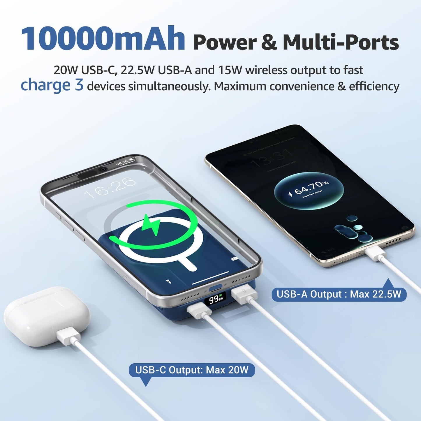 Azmuth for MagSafe Portable Charger, 10000mAh Magnetic Power Bank 20W PD | Fast Charging,Wireless Battery Pack with LED Display & Stand,Travel Essentials,for iPhone 17/16/15/14/13/12 Series