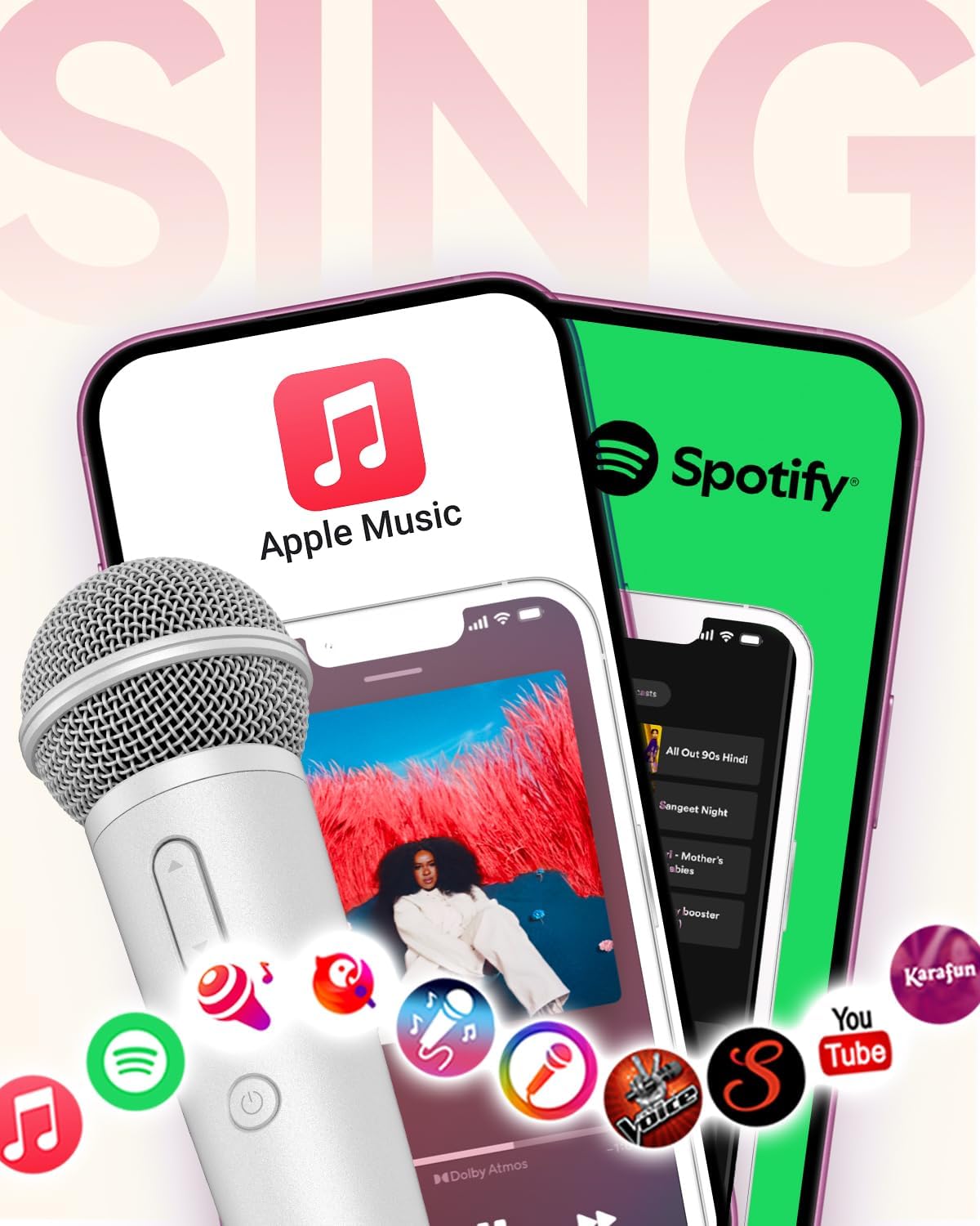 Singing Microphone with Earphone, Ideal for Vocal Recording, Podcasting, Live Streaming, Gaming, Compatible with Smule & Starmaker & Stingray, USB-C Dongle & Lightning Adapter, White