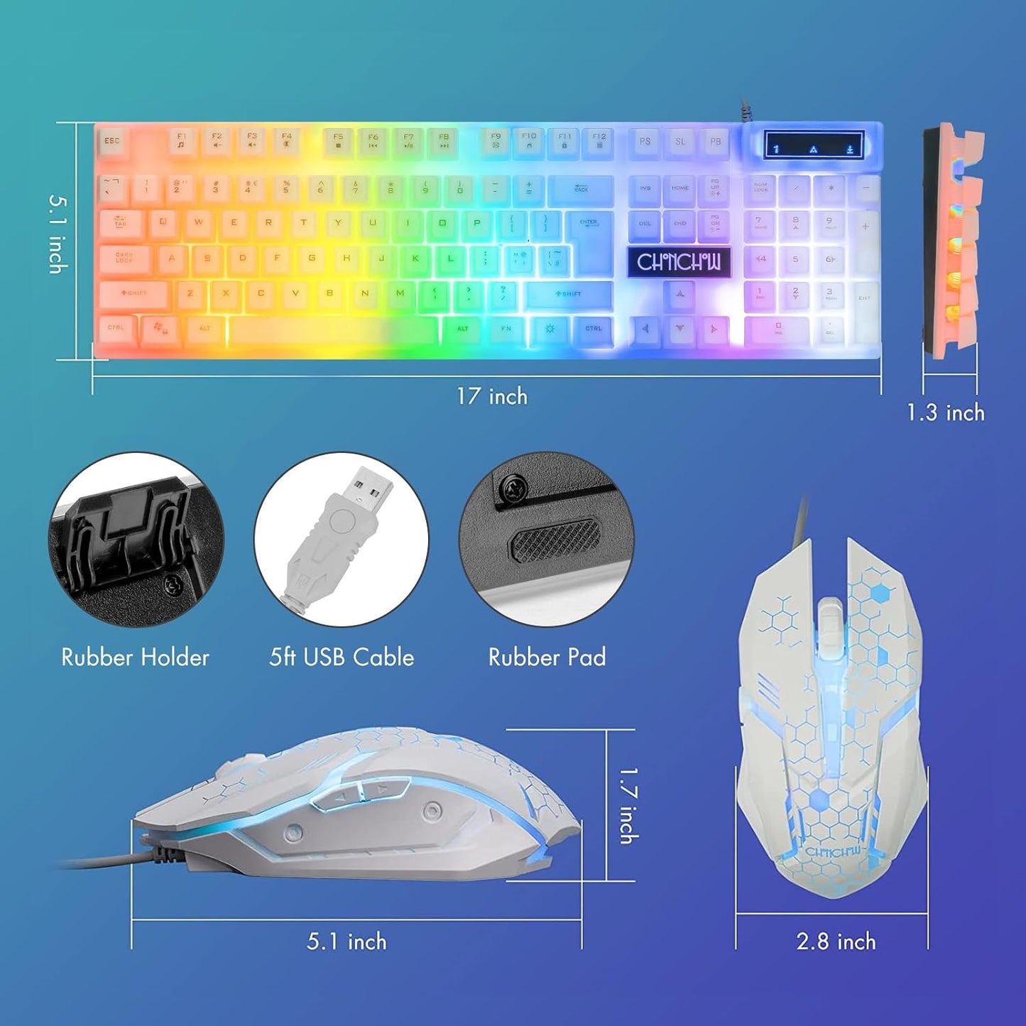 LED Keyboard Mouse,104 Keys Rainbow Backlit Keyboard and 7 Color RGB Mouse | White Gaming Keyboard and Mouse Combo for PC Laptop Xbox PS4 Gamers and Work