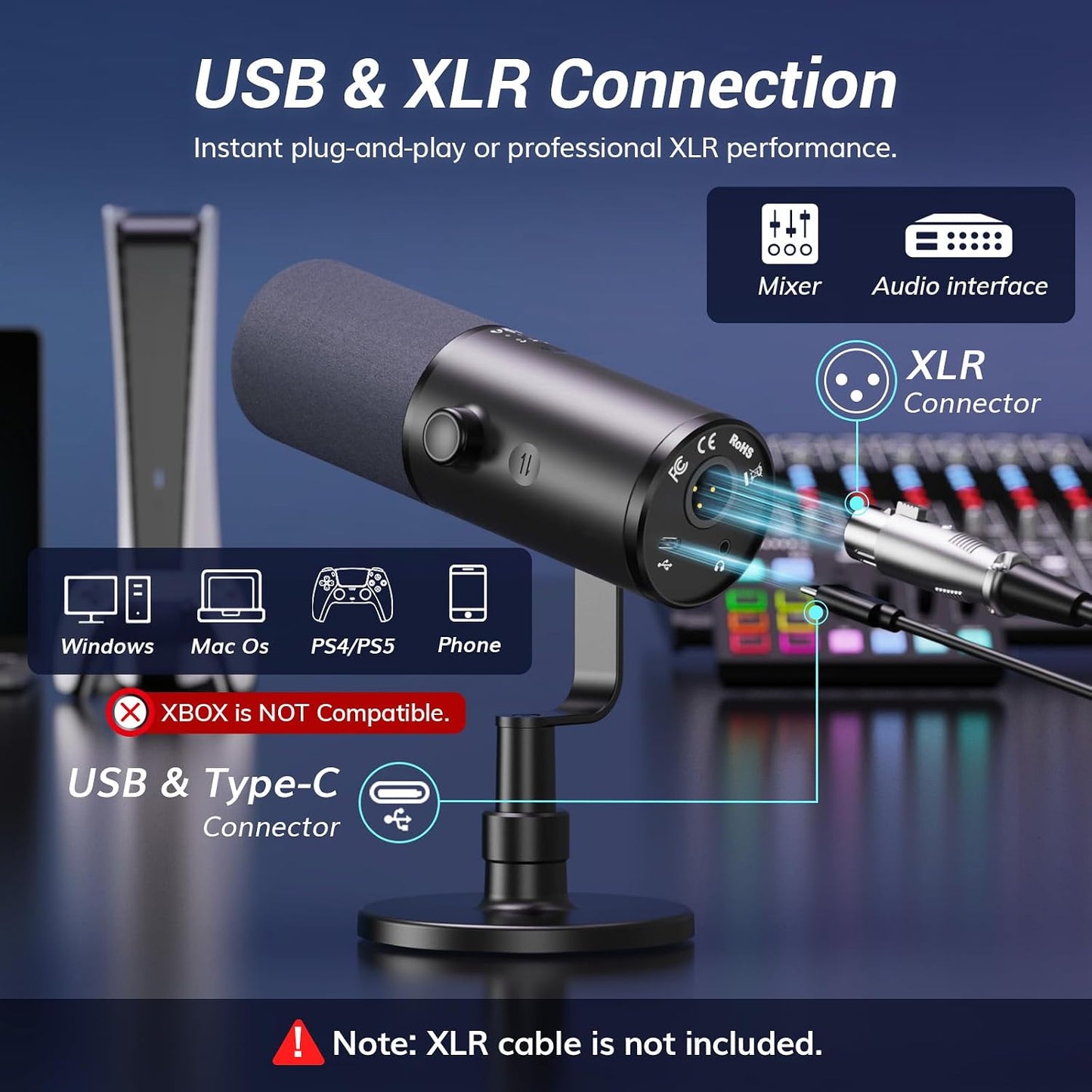 TONOR Dynamic Podcast Microphone for Studio, Cardioid XLR/USB Mic, AI Noise Cancellation, Tap Mute, 3.5mm Headphone Jack for Monitoring, Volume Control, Microfono with Desktop Stand, Black, TD510 AIR