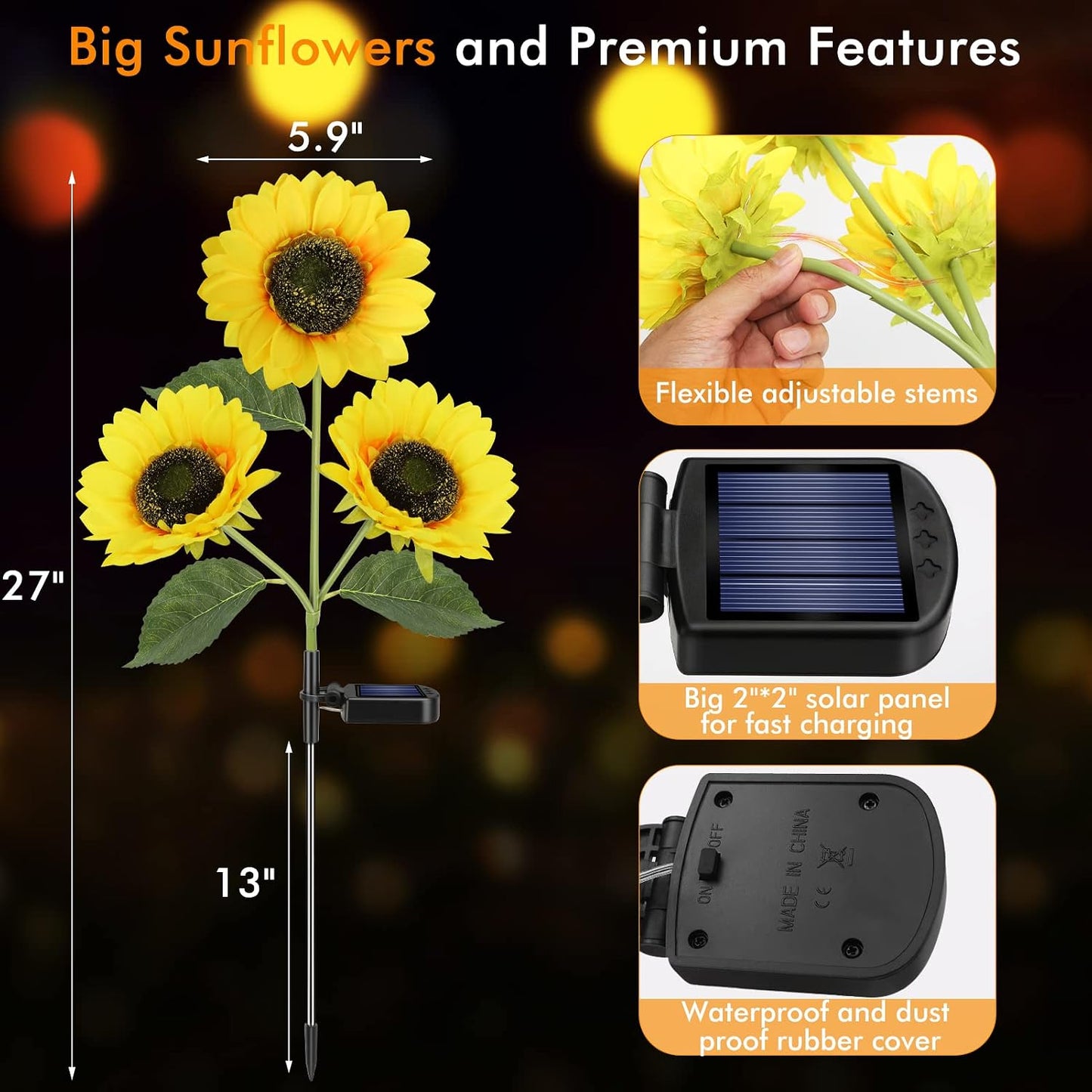 Solar Sunflower Lights Flowers Outdoor Waterproof for Yard Garden Cemetery | 800mA Real Looking Stake Flower Bed Pathway Patio Porch Fall Decors