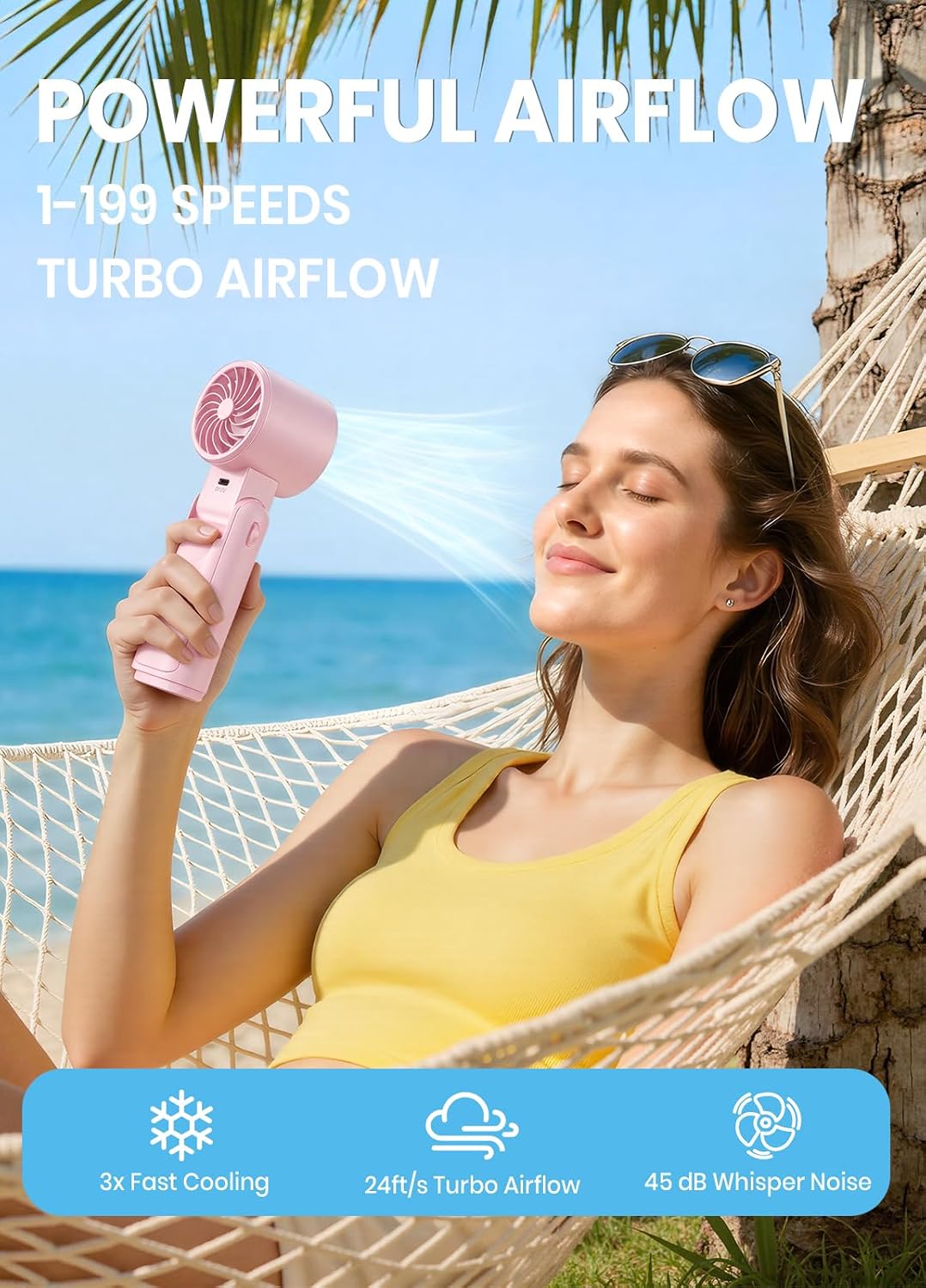Portable Handheld Turbo Fan, 1-199 Speed Adjustable, Pink | 4 IN 1 Pocket Design with LED Display, High-Power Motor, Rechargeable Battery, Mini Fans for Indoor/Outdoor/Travel/Work