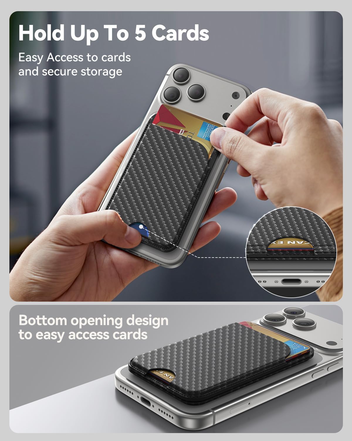 TWZKG for MagSafe Wallet, 5 Cards Holder with Stand, Magnetic Phone Wallet Stand for iPhone 17/16/15/14/13/12 Pro Max Air Plus Series, RFID Blocking Vegan Leather,Carbon Fiber