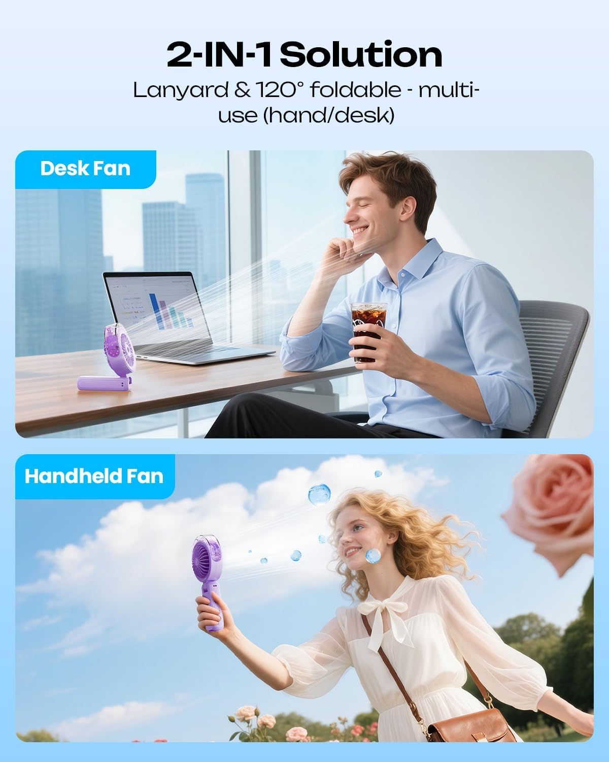 Otlonpe Handheld Misting Fan Portable, Powerful 4 High Speeds Rechargeable Small Hand Held Fan Water Mist, 4000mAh Battery Operated, Foldable, Lanyard, Personal Cooling for Travel Men Wome
