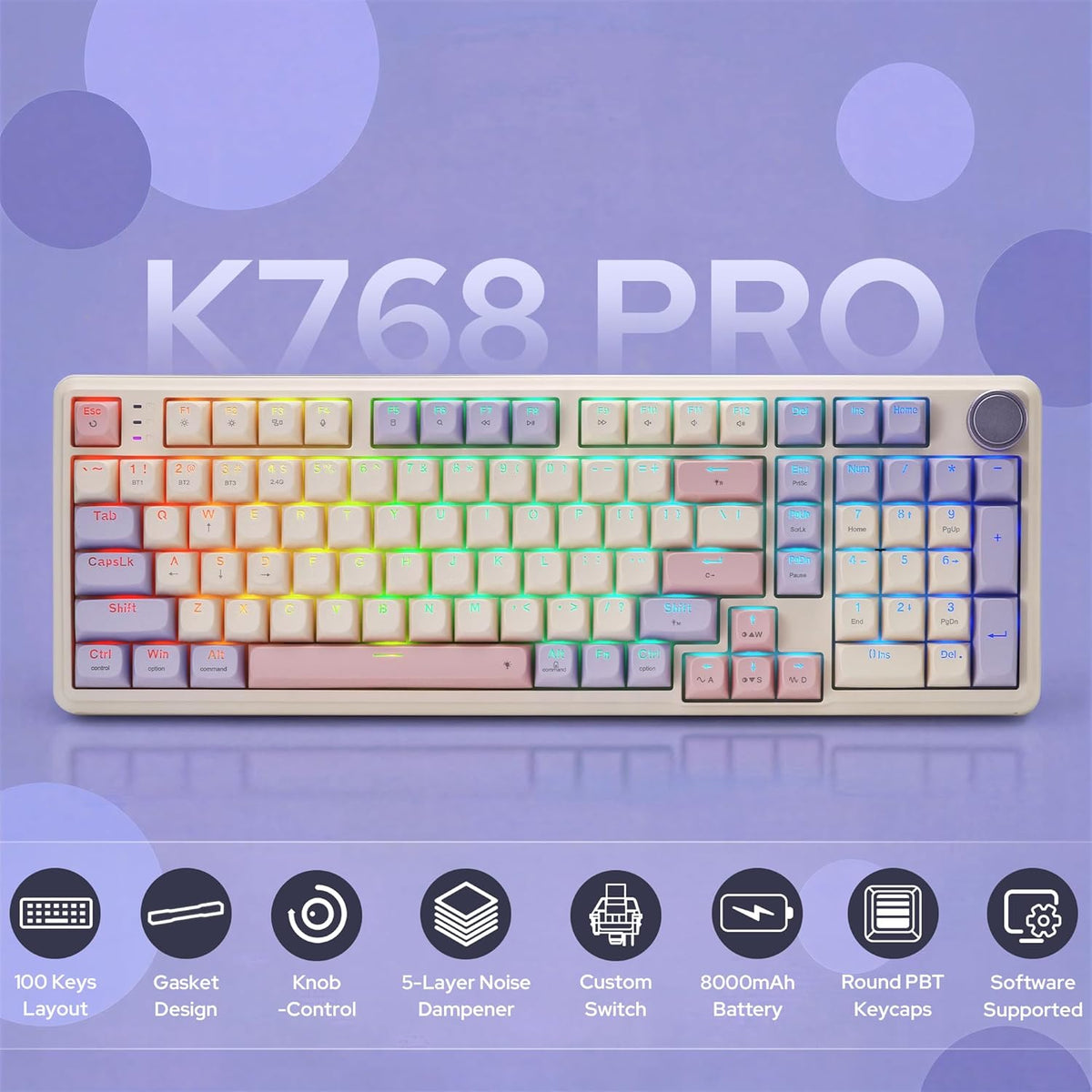 Redragon K768 PRO Wireless 100-Key Gasket Gaming Keyboard, Knob + 8000mAh | Multi-Function Control Wheel, 0-Delay Tri-Mode, Cushioned 5-Layer Noise Dampening for Creamy Thocky Sound, Practical 95% Size