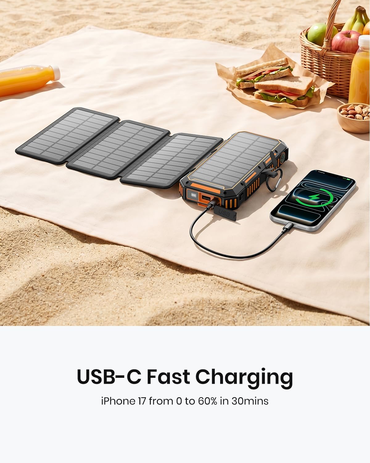 FEELLE Solar Power Bank 50000mAh Magnetic Portable Charger with Hand Crank | Built in 4 Cables & 4 Solar Panels, PD QC 3.0 Fast Charging Battery Pack, Flashlight for Outdoor, Charge 6 Devices at Once