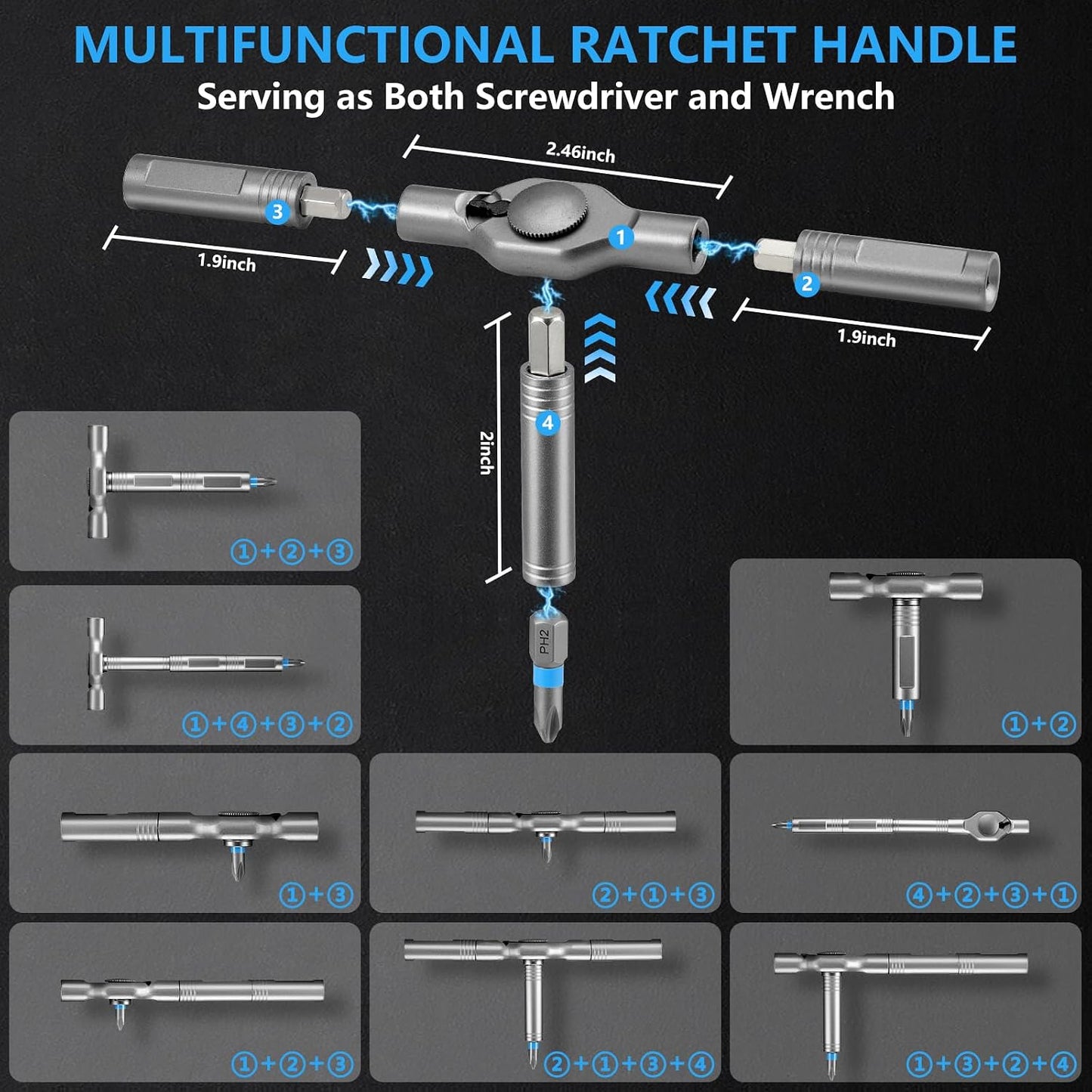 50-in-1 Magnetic Ratchet Screwdriver Set, S2 Steel T Handle Repair Tool Kit | Furniture, Computer, Bicycle, Appliance, DIY, Electronics, Portable Case, 48 Bits, Color-Coded, 80% Effort-Saving