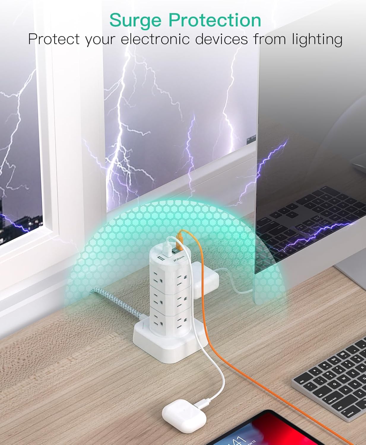 Power Strips with Surge Protection, Flat Plug Power Strip Tower | Charging Station 12 Outlets 4 USB Ports, 1080J 6Ft Extension Cord with Multiple Outlets, Office Supplies, Dorm Essentials