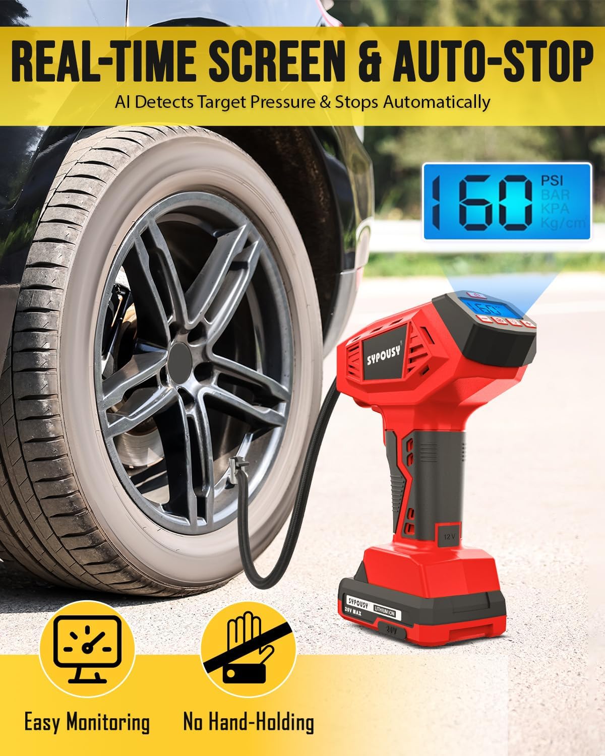 Tire Inflator Portable Air Compressor - 160PSI (20V Battery & 12V DC) | Cordless Tire Pump with Dual Power, 4X Faster Inflation Air Pump,Auto Shut Off, Digital Gauge for Car, Motorcycle, E-Bike
