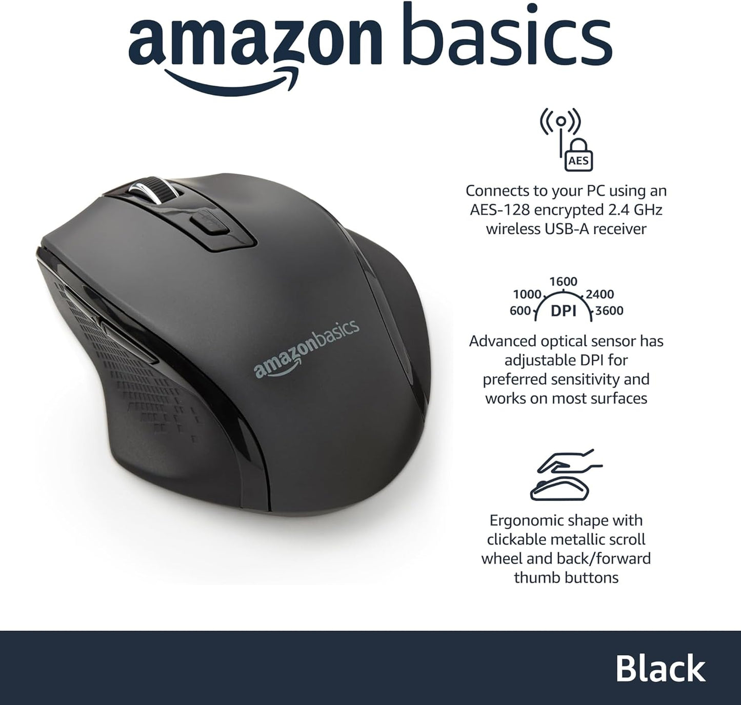 Amazon Basics Portable Wireless Computer Mouse, Ergonomic, 2.4 GHz Optical, DPI Adjustable, Easy to Use, Compatible With PC, Mac, Laptop, Black