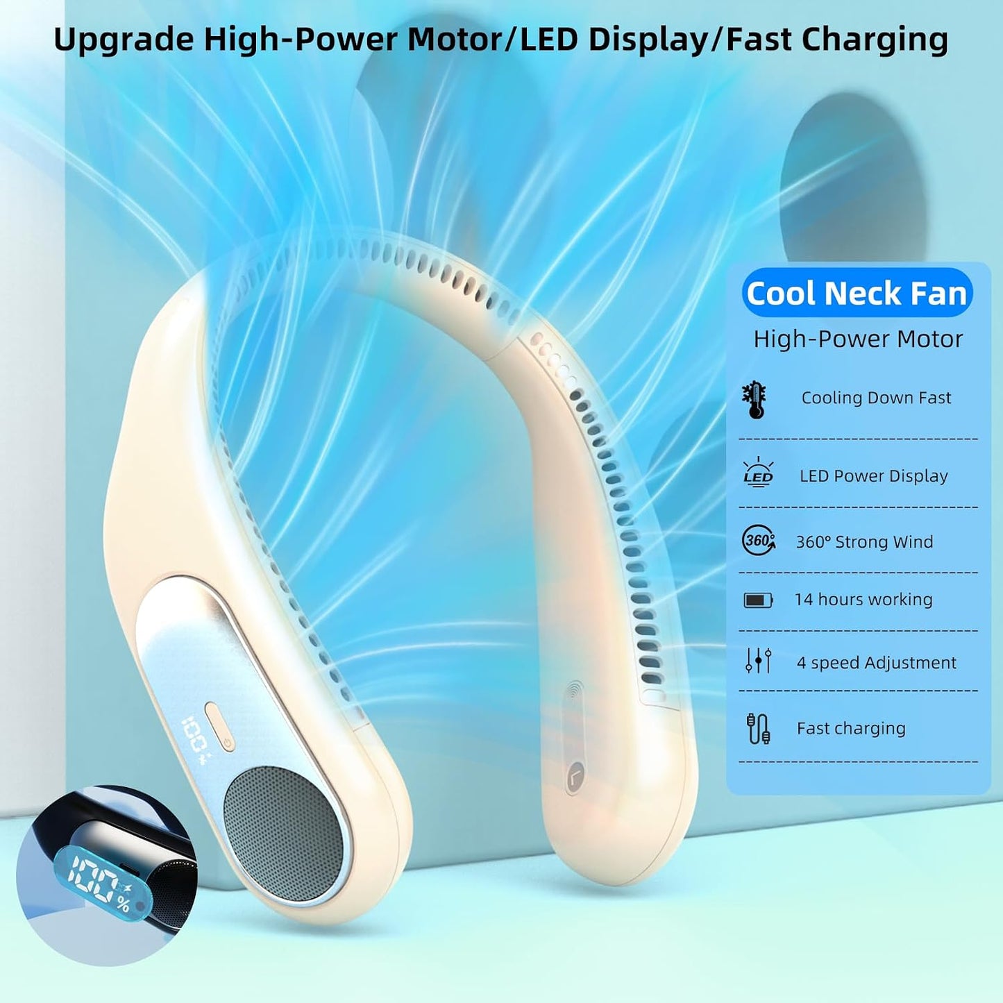Portable Neck Fan, Personal Wearable Bladeless Fan for Outdoor Indoor, LED Display, 360° Cooling, 4-Speeds, 6000mAh USB Rechargeable, Birthday Gifts for Men Women Dad Mom (Brown)
