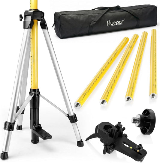Huepar 12 Ft./3.7M Professional Laser Level Pole with Tripod and 1/4-Inch by 20-Inch Laser Mount for Rotary and Line Lasers, Adjustable Telescoping Laser Pole with 5/8"-11 Threaded Adapter-LP36A