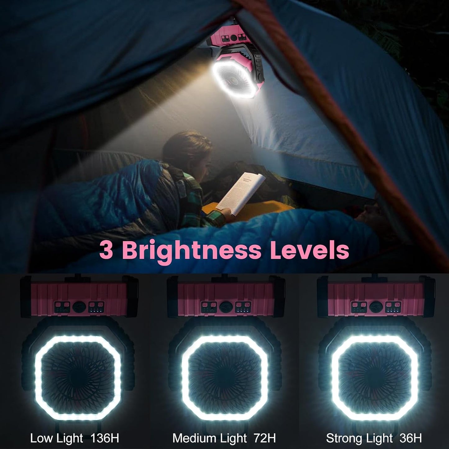 Odoland 30000mAh Camping Fan with LED Lantern, Rechargeable Battery Fan | Operated Oscillating Fan with Remote & Hook, Portable Tent Fan with Timer, 4 Speeds for Outdoor Camp RV Power Outage, Pink