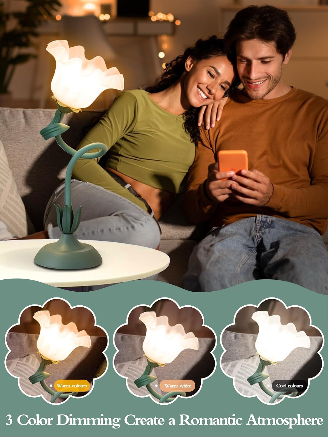 Flower Table Lamp, LED Reading Light Bedside Vintage Night Light (Green) | 3 Colors Modes Kawaii Flower Lamps Decor,Living Room Bedroom Lighting Table Lamps Home Decoration