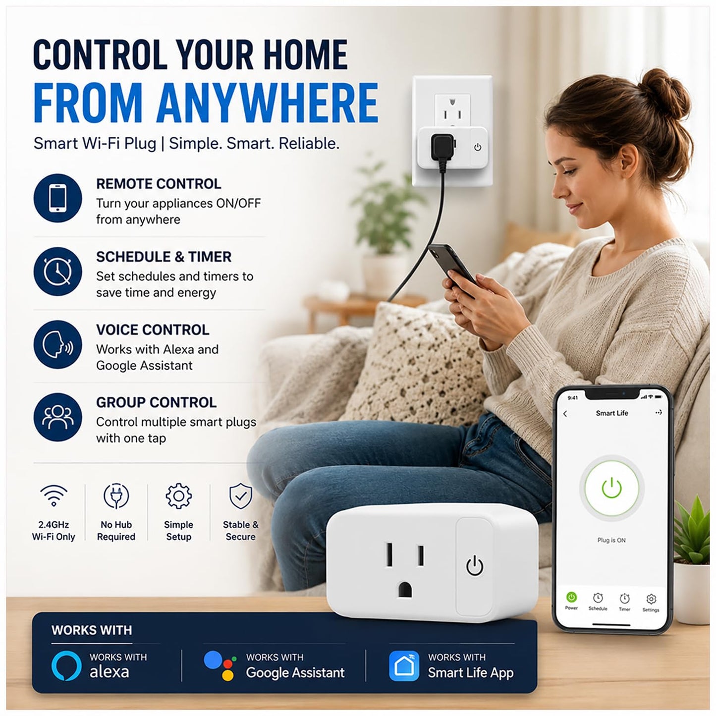 Smart Plug - 2 Pack 2.4G Wi-Fi Outlet Works with Echo, Alexa & Google Home | Smart Plug with Timer, Remote, Voice & Group Controller | No Hub Required