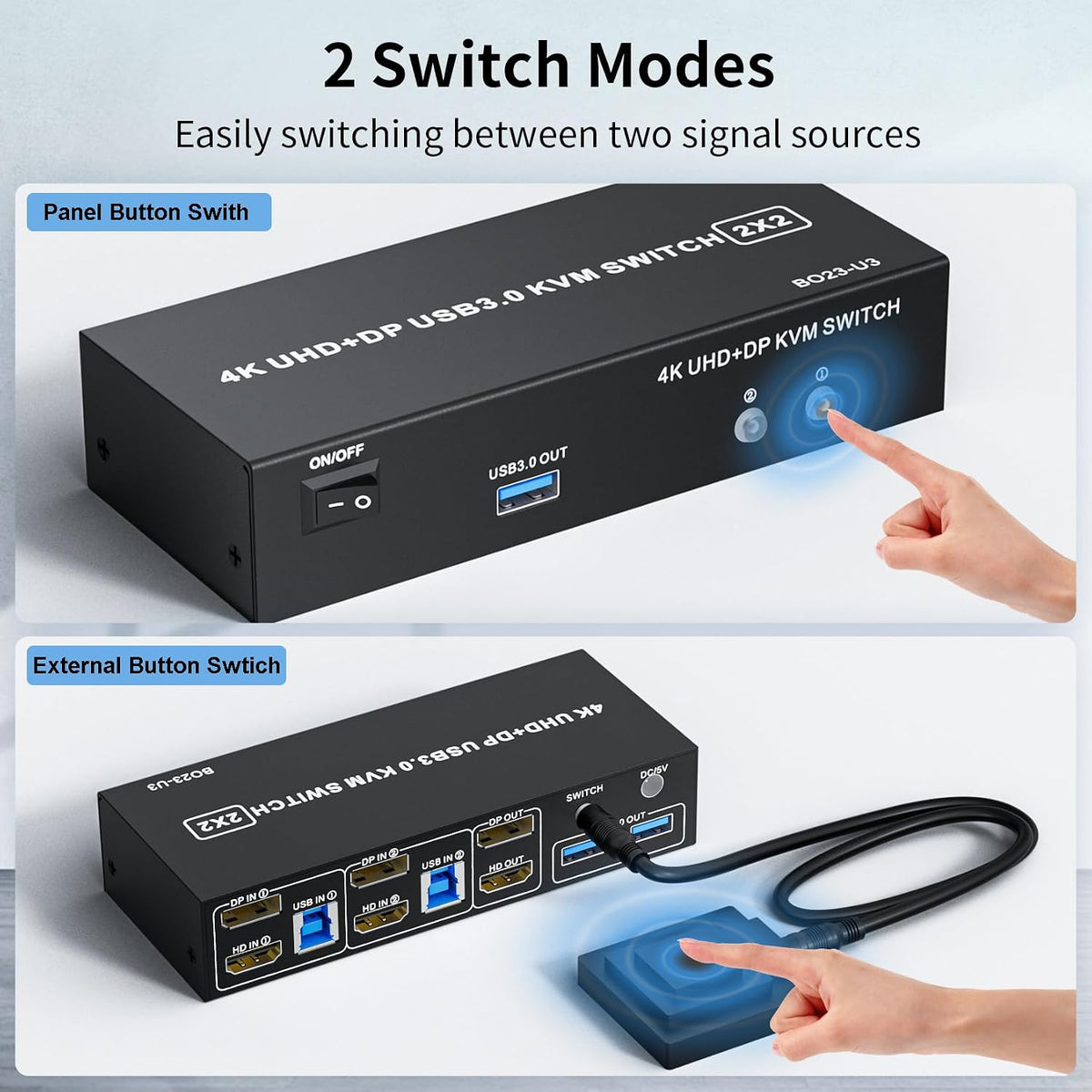 Dual Monitor HDMI + DisplayPort KVM Switch 2 Monitors 2 Computers with 3 USB 3.0 Ports, Support 4K@60Hz Copy Extended Splicing Display, Wired Extension Button & 2 USB Cables Included