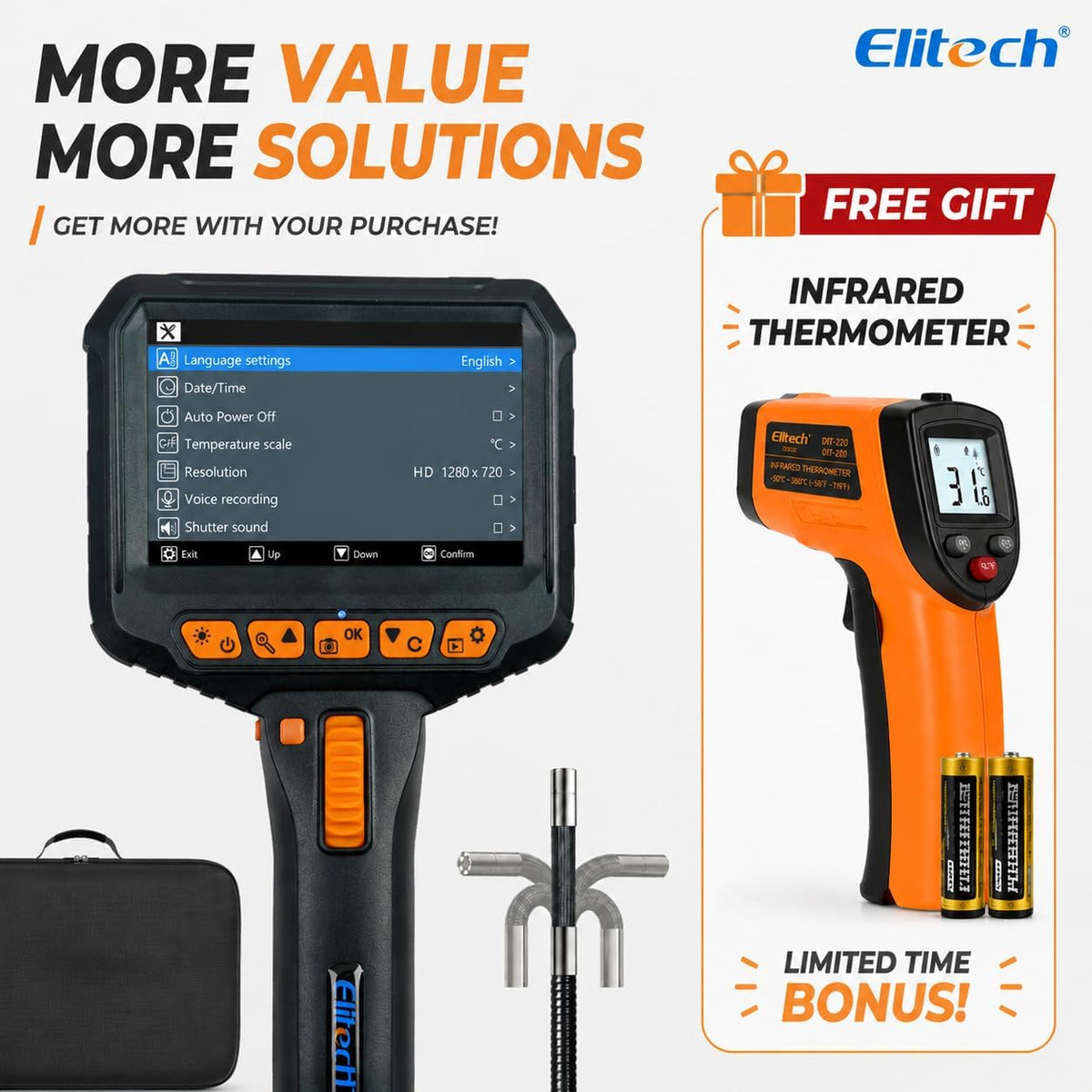 Elitech Articulating Borescope with Light, 6mm/0.24in Inspection Camera | 180° Articulation, Adjustable LEDs, 1080P IPS Display, Slim Probe, IP67 Waterproof, 20,000+ Bend Life, High Temp Protection
