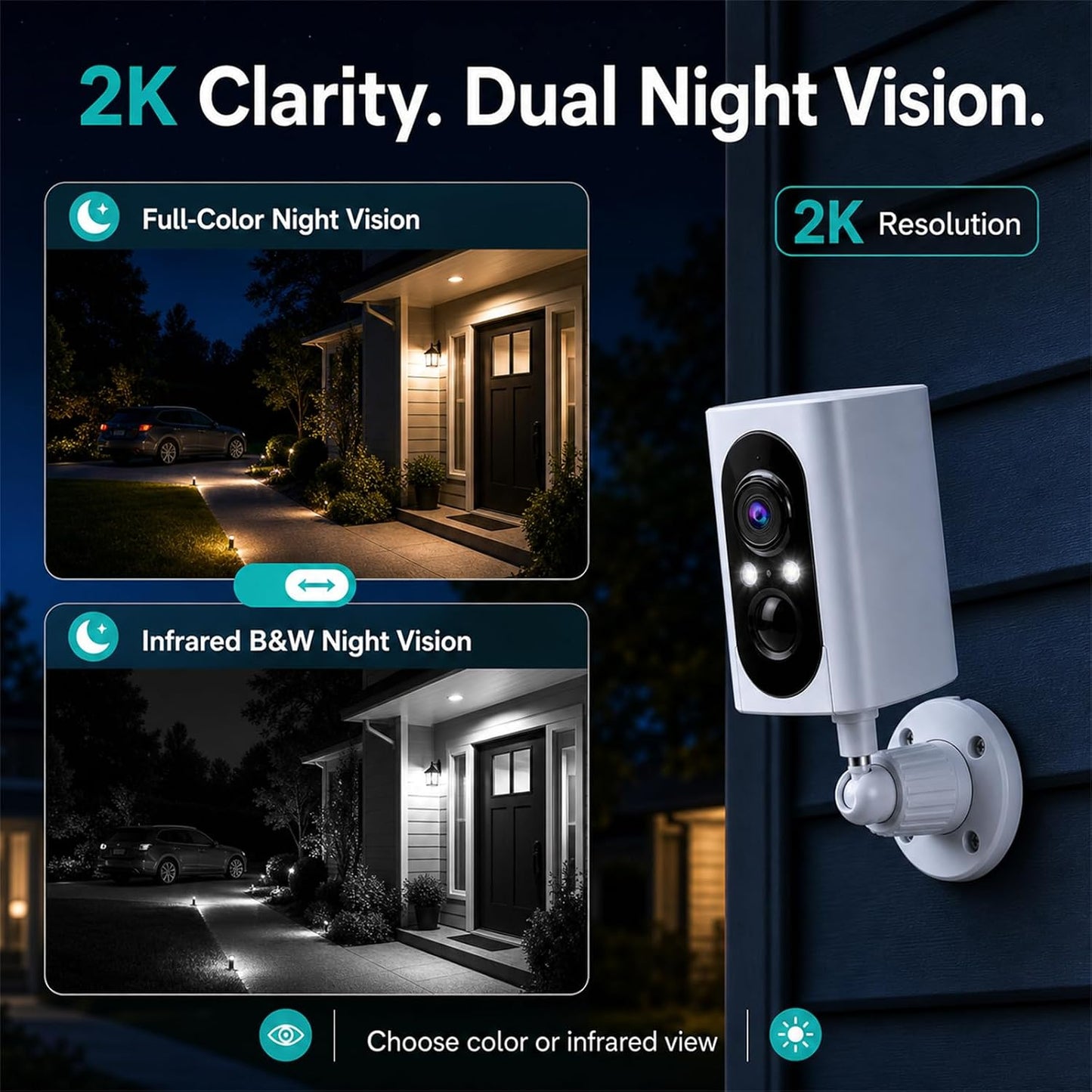 2K Security Cameras Wireless Outdoor, 355° Pan Rotate, Battery Powered, Color Night Vision WiFi Cameras, AI Motion Detection, Cloud/SD Storage, IP65, Alert & Alarm, Cameras for Home Security, 2 Pack