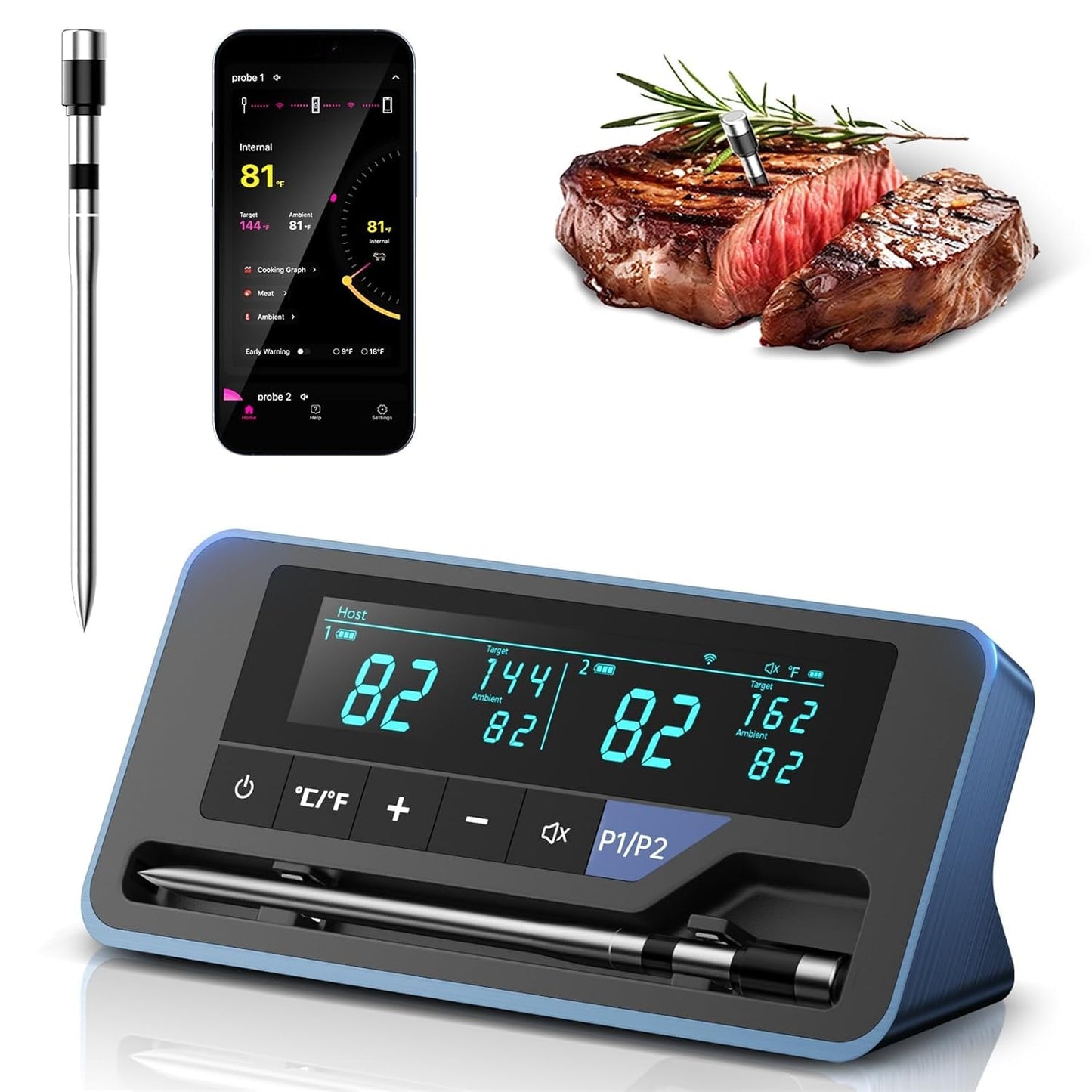 2025 AI Wireless Meat Thermometer, Smart Bluetooth Meat Thermometer Digital, ±0.5°F High Accuracy, Grill Temperature Probe for BBQ, Grilling, Smoker, Oven, Cooking, Air Fryer, 1 Probe