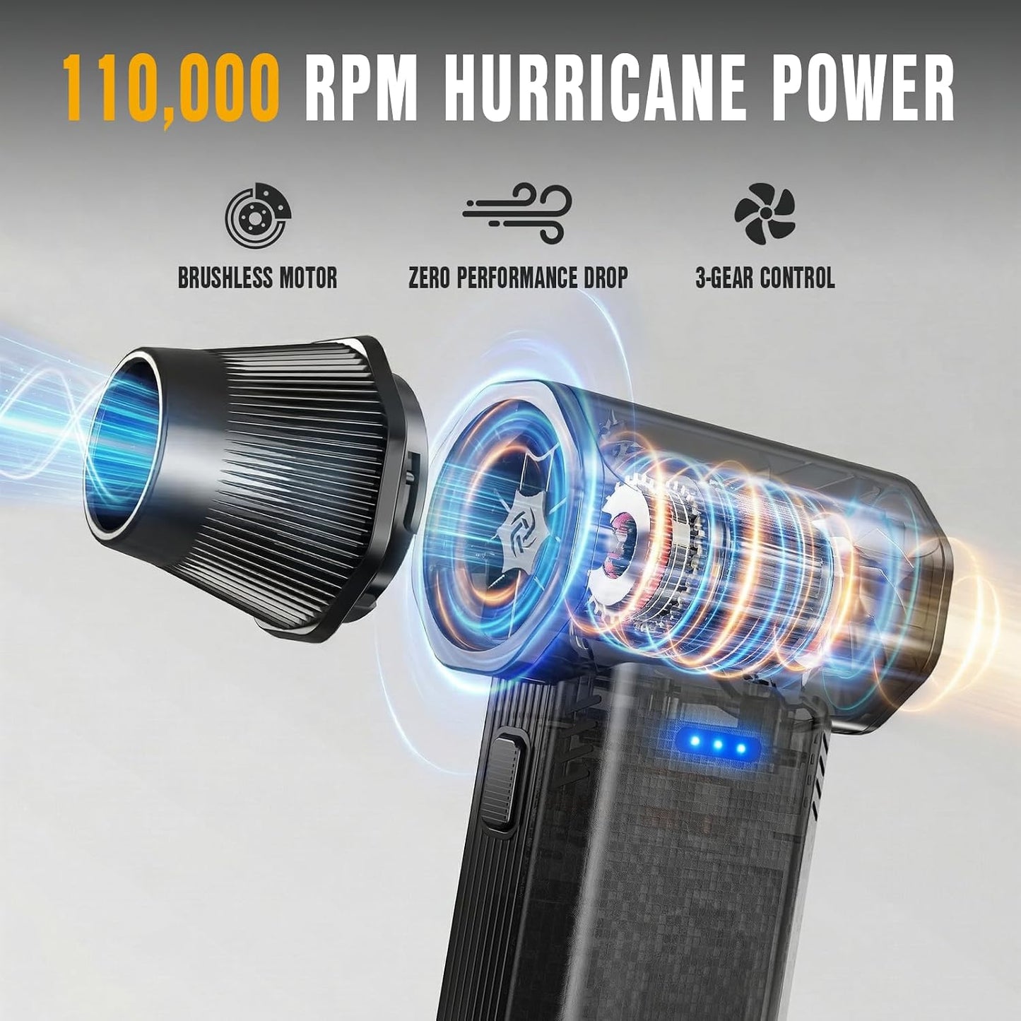 110000 RPM Brushless Compressed Air Duster for Deep PC Keyboard Cleaning | Air Duster with 4 Custom Nozzles for All Electronics, Car Interiors & Any Narrow Crevice, Reusable Canned Air Spray