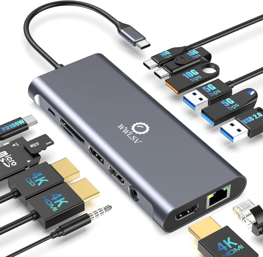 14-in-1 USB C Hub Docking Station 3 Monitors Display, Dual 4K@60Hz HDMI & 4K DP (DP 1.4 Required), Multiport Adapter with 100W PD, USB 3.1, Ethernet, SD, Audio,for MacBook Dell HP Lenovo Surface
