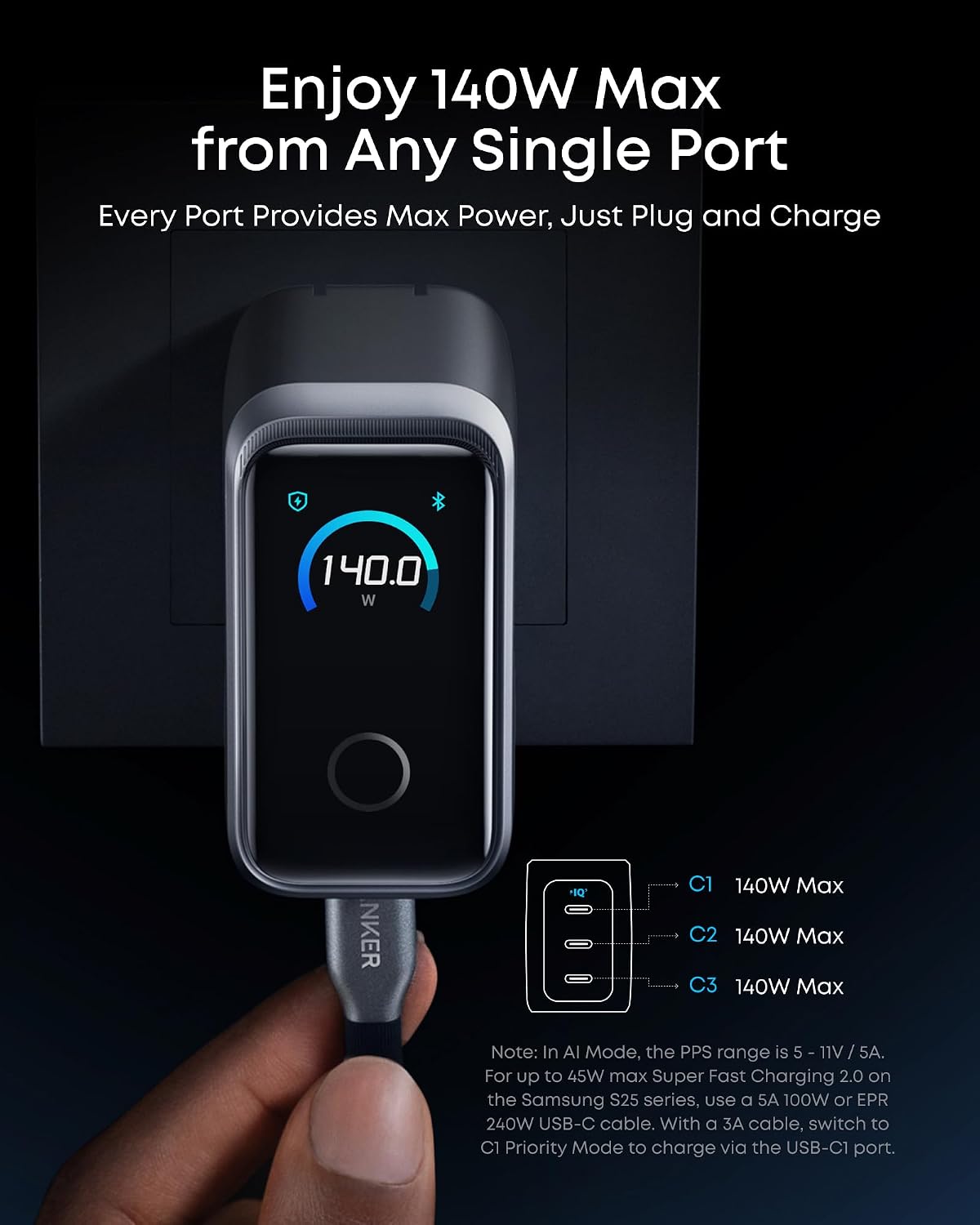 Anker Prime Charger, 160W Max 3-Port GaN Charger, for MacBook Pro Charger | Smart Display, Touch Control, Up to 140W Fast Charging for One Device,for MacBook Pro/Air, iPhone 17/16 Series,Samsung Galaxy