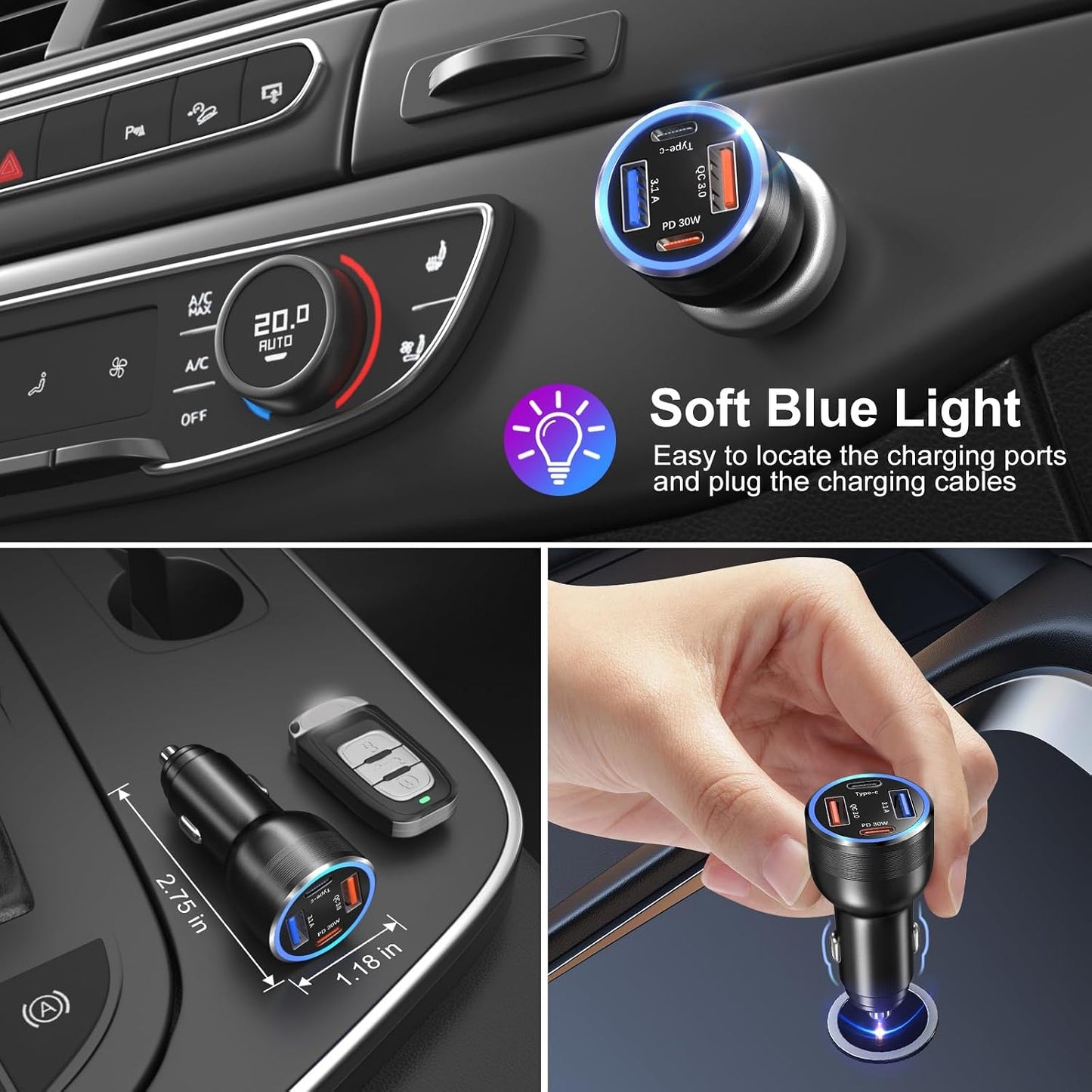 USB C Car Charger 3 Pack, 4-Port 65W Dual USB-C & USB A Car Phone Charger | QC+PD 3.0 Fast Charging,12V to USB Outlet Cigarette Lighter Adapter Plug, for iPhone 17/16/15/14/13/11 Pro,Samsung,Android