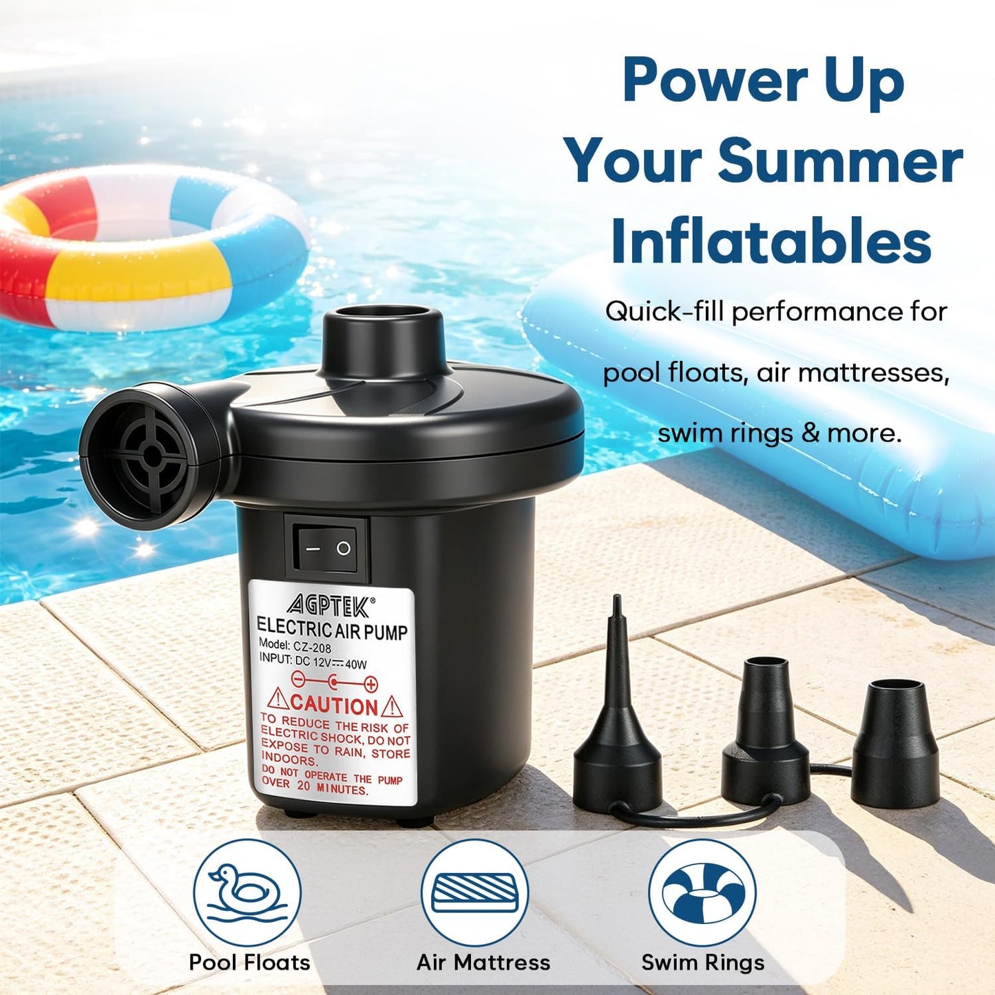 AGPTEK Electric Air Pump for Inflatables,110V AC &12V DC Inflator Deflator | 4.5kPa Quick-Fill, 3 Nozzles, Portable Air Pumps for Outdoor Camping, Inflatable Air Mattress Beds, Boats, Swimming Ring