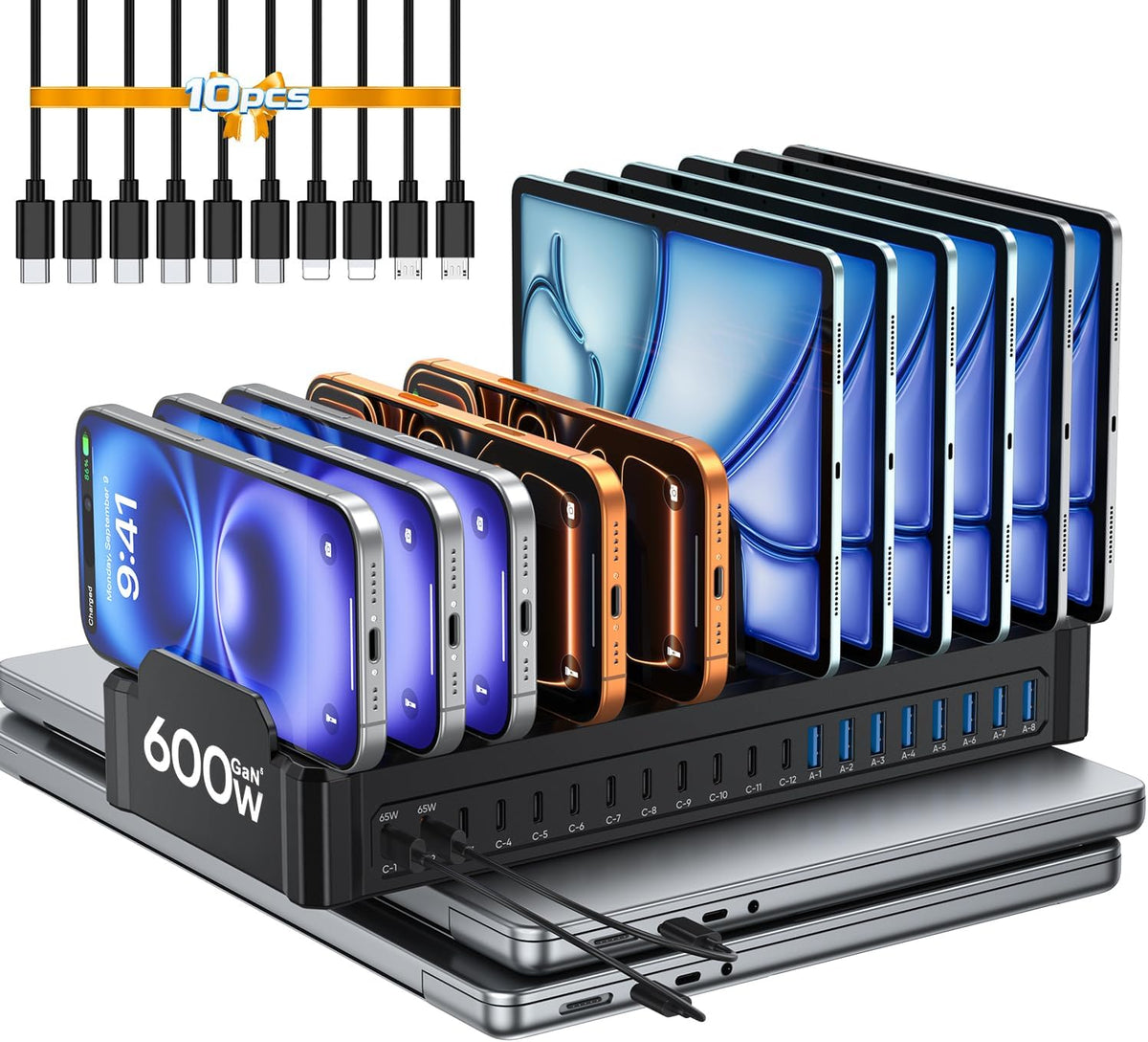 20-Port 600W Moezuti Charging Station for Multiple Devices with 10 Cables