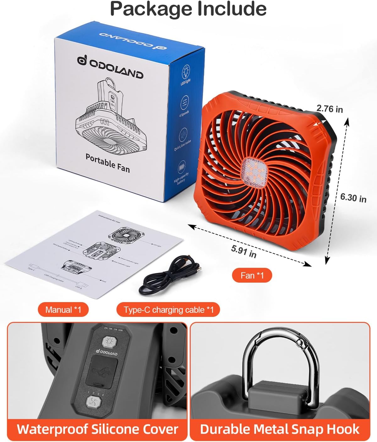 Odoland Portable Camping Fan with LED Lantern, 40H Rechargeable Battery Fan | Quiet Tent Fan with Hanging Hook for RV Car Beach Outdoor Hurricane Emergency Outages, 4-Speed Wind & 3-Color Light