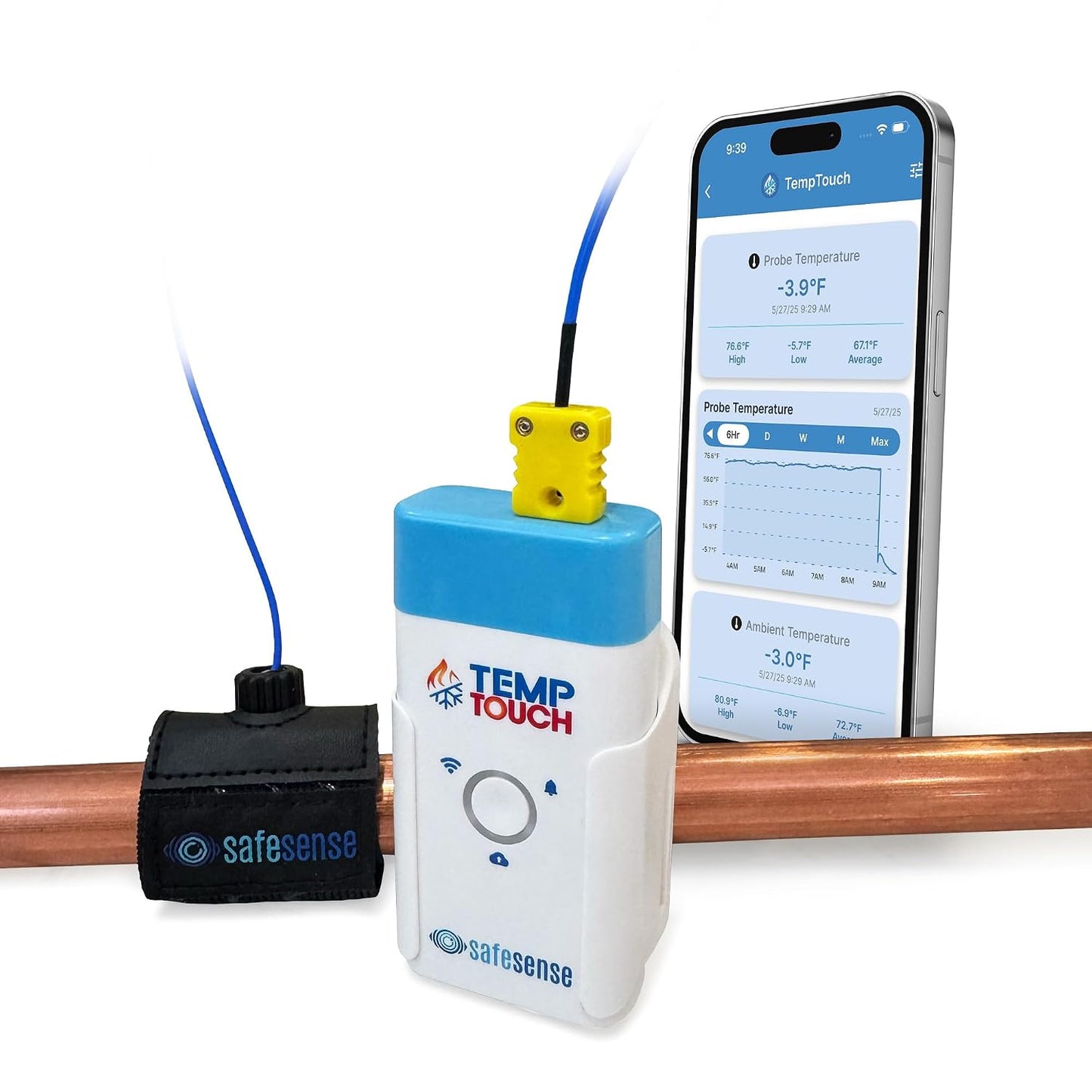 TempTouch WiFi Clamp Temperature and Humidity Sensor, Smart Thermometer for Plumbing and HVAC, App-Controlled Wireless with Velcro Strap