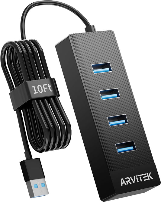 10Ft 4-Port USB 3.0 Hub Long Cable for PC, USB Extender Hub 5Gbps, USB Multiport Adapter, USB Splitter w/Long Cable for Desktop, Laptop, Flash Drive, Mobile HDD, USB Fan (10 Foot / 3m)