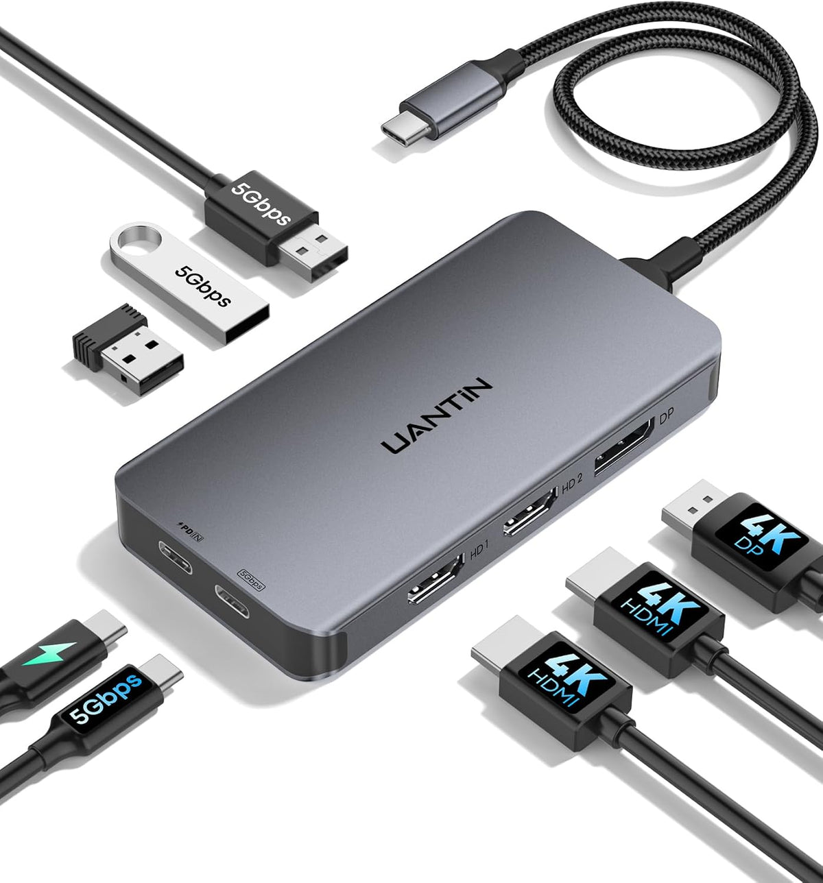 UANTIN Laptop Docking Station 3 Monitors, 8-in-1 USB C Dock with 2 HDMI, DP