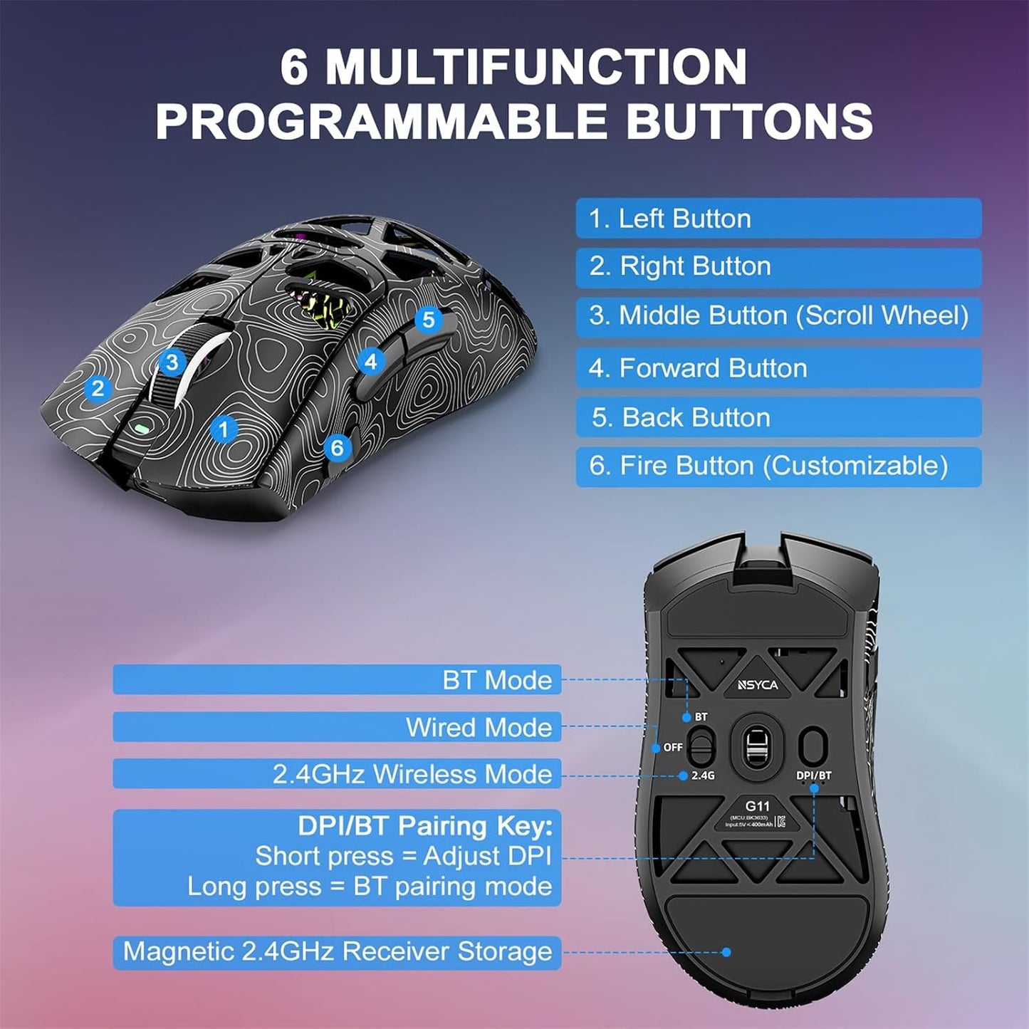 G11 Lightweight Wireless Gaming Mouse for FPS & Competitive Gaming, Tri-Mode Bluetooth 5.1/2.4GHz/USB-C, 22000 DPI RGB Mouse with Programmable Buttons for PC, Laptop & Mac