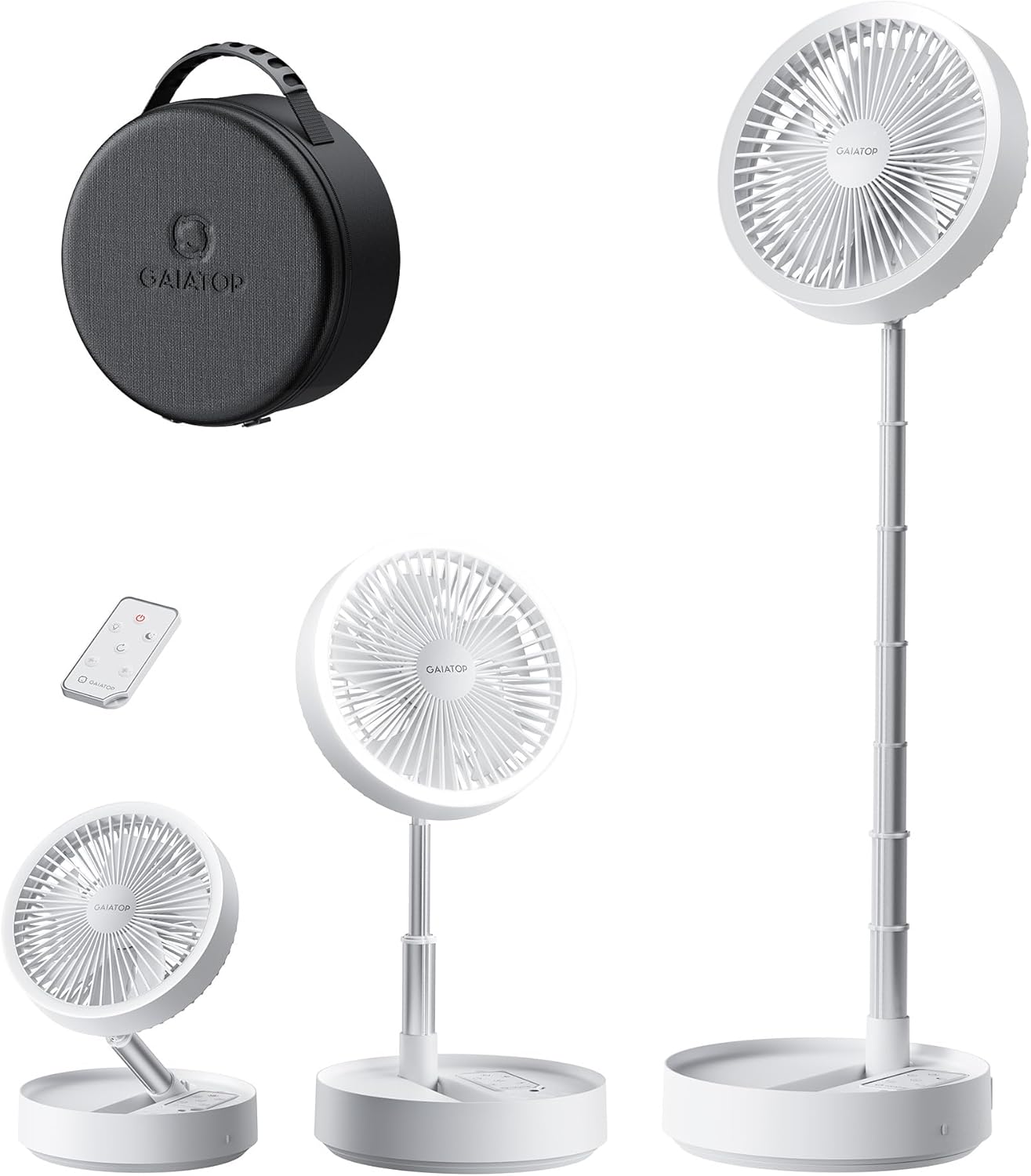 Gaiatop Portable Pedestal Fan 16000mAh Battery [Max 74h Runtime], Foldable Oscillating Standing Fan, Collapsible Desk Fans, LED Light, Case & Remote Control 4 Speeds for Outdoor Travel Camping (White)