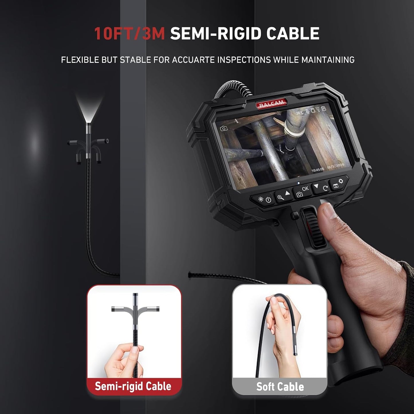 Two-Way Articulating Borescope for Mechanic Automotive HVAC Wall | 8X Zoom, 5" HD Video Endoscope Inspection Camera, 32GB Card, IP67 Waterproof Slim Probe 10FT