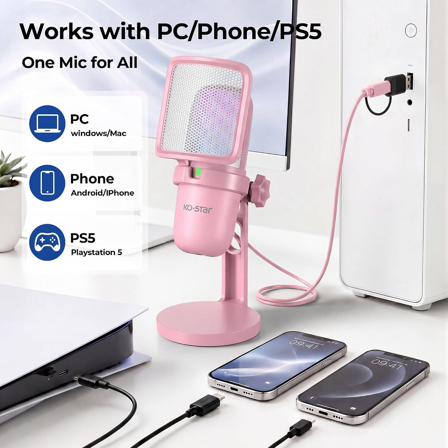RGB USB Microphone, Pink Gaming Mic for PC, PS5, Laptop, Phone, Condenser Mic with Touch Mute, Pop Filter, Cardioid Pickup, Plug &amp; Play for Streaming, Podcast, Recording, Gaming