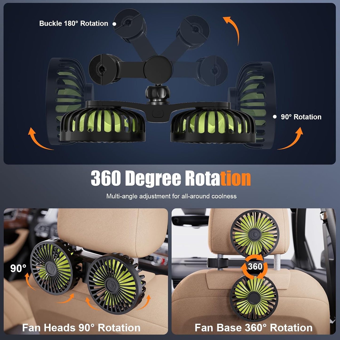Dual-Head USB Car Cooling Fans for Backseat Kids 3 Adjustable Speeds