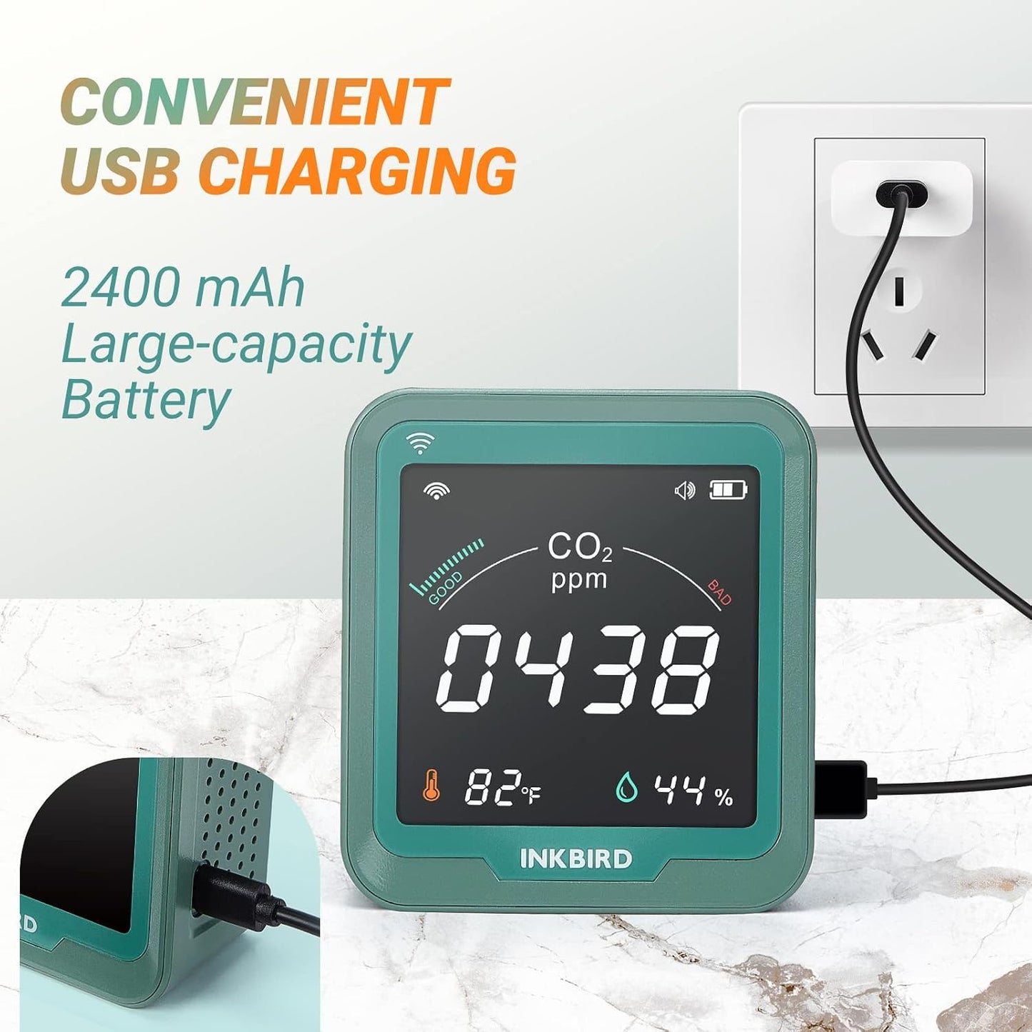 INKBIRD WiFi Air Quality Monitor Indoor Smart NDIR Sensor Detector for CO2 | Battery Powered and Data Logger, Detector for Carbon Dioxide & Temperature & Humidity | for Home, Office, Grow Tent, Cellar