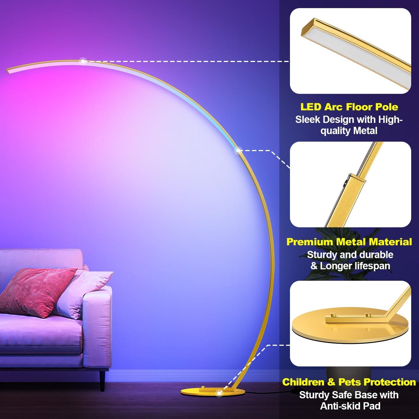 RGB Floor Lamp with 3 Color Temperatures, Ultra Bright 1800LM Smart Arc LED Floor Lamp with Remote Control, Music Sync, Scene Modes, Modern Standing Tall Lamp for Bedroom Living Room Gaming Rooms-Gold
