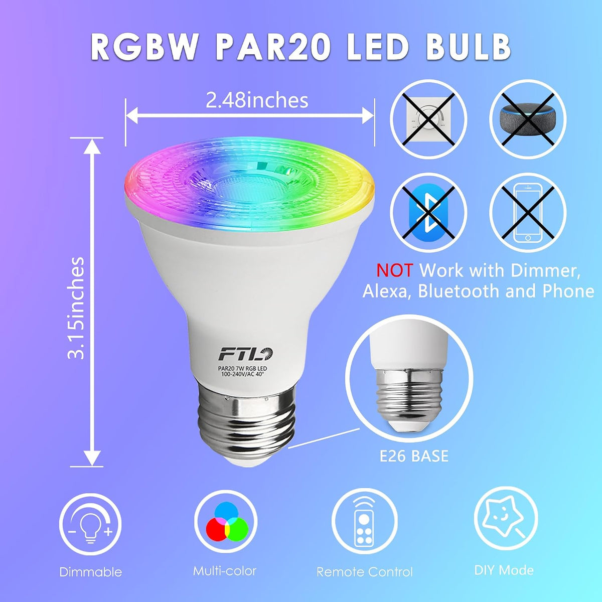FTL PAR20 LED Bulbs Color Changing Light Bulbs with Remote Control, Dimmable RGB Colored Bulbs 2700K-6000K 7W 60W Equivalent, Timer,30 Colors, Flood Light for Track Recessed Lighting, 6-Pack