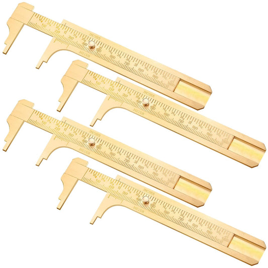 4 Pcs Brass Pocket Caliper Double Scale Mini Tool for Jewelry | Vernier Gauge with Dual Scales, Metal Calipers for Beads Wire Rings, Portable Mini Ruler Measuring Jewels Sizing Crafts
