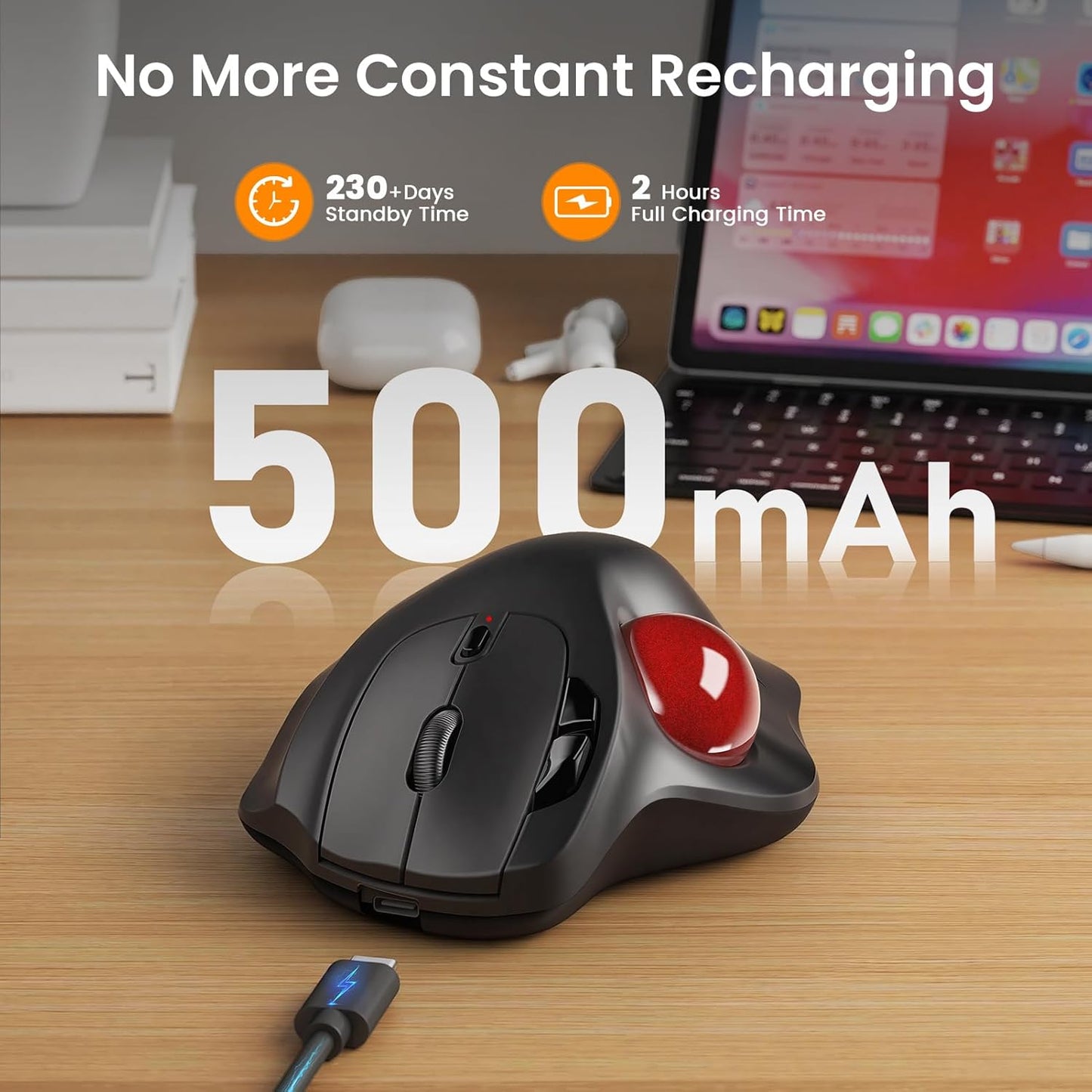Wireless Trackball Mouse, Rechargeable Thumb Control 3 Devices - Red Ball | SABLUTE MAM2 Ergonomic Mouse (Bluetooth and USB ), 5-Level DPI, Silent Click, Compatible PC Laptop Mac iPad, Easy Clean