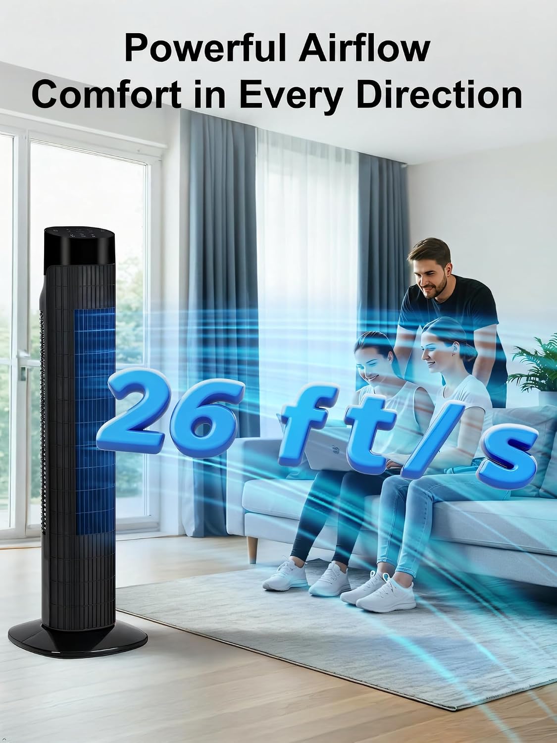 Uthfy Tower Fan with Remote, Portable 120° Oscillating Standing Fan, 3 Speeds & 3 Modes, 7.5H Timer, Fans That Blow Cold Air for Bedroom, Living Room, Office, Black