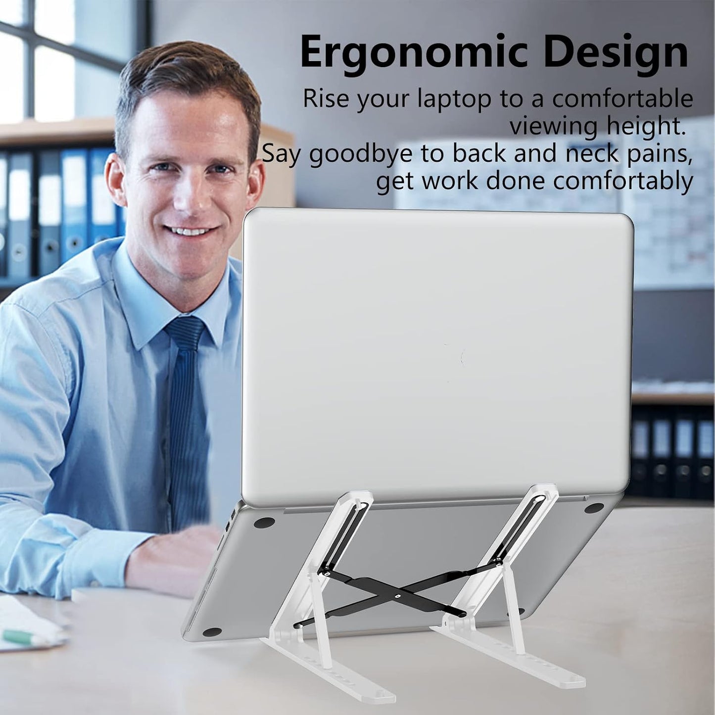 Tonmom Laptop Stand for Desk, Adjustable Laptop Riser, White | ABS+Silicone Foldable Portable Notebook Holder, Ventilated Cooling Notebook Mount Computer Stand for 10-15.6” Laptops,Tablets