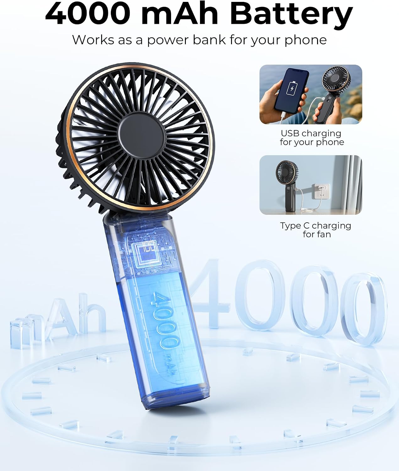 TUNISE Portable Handheld Fan, Portable Fan Rechargeable, 4000mAh, 180° Adjustable, 6 Speed Wind, Display Electricity in Real Time, USB Rechargeable Foldable F an, Quiet Personal Fan as Power Bank