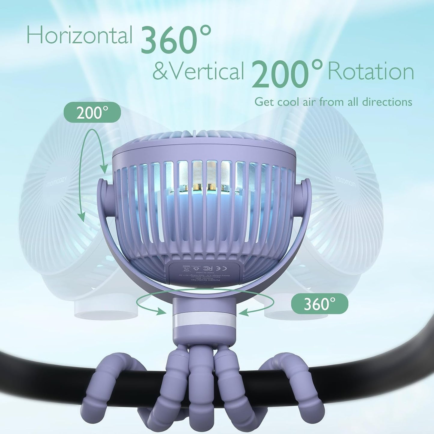 Momcozy 8000mAh Portable Stroller Fan, 27H Ultra-long Battery Life | Detachable 4 Speed 360°Rotate LED Night Light with 2 Modes, USB Rechargeable Handheld Cooling Fan for Travel/Car Seat/Bedroom
